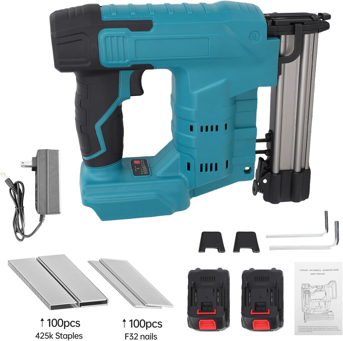 Cordless Nailing Machine, 20V Electric Stapler with 100pcs F32mm Straight Nails and 100pcs N Shaped Nails Brushless Nailer Tool for Home Renovation, Woodworking (#1)