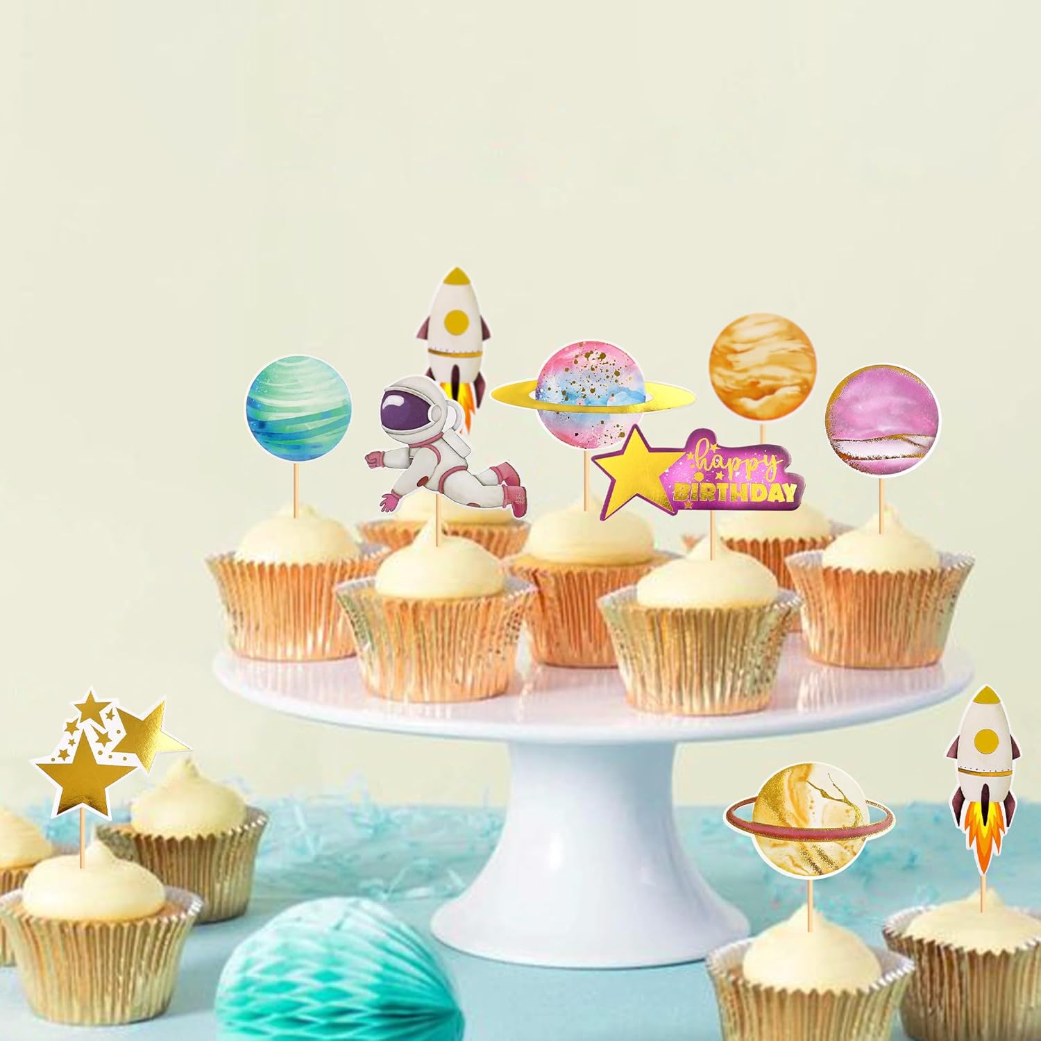 49 Piezas De Decoración De Cupcakes Con Temática Espacial, Planeta, Astronauta, Cohetes, Nave