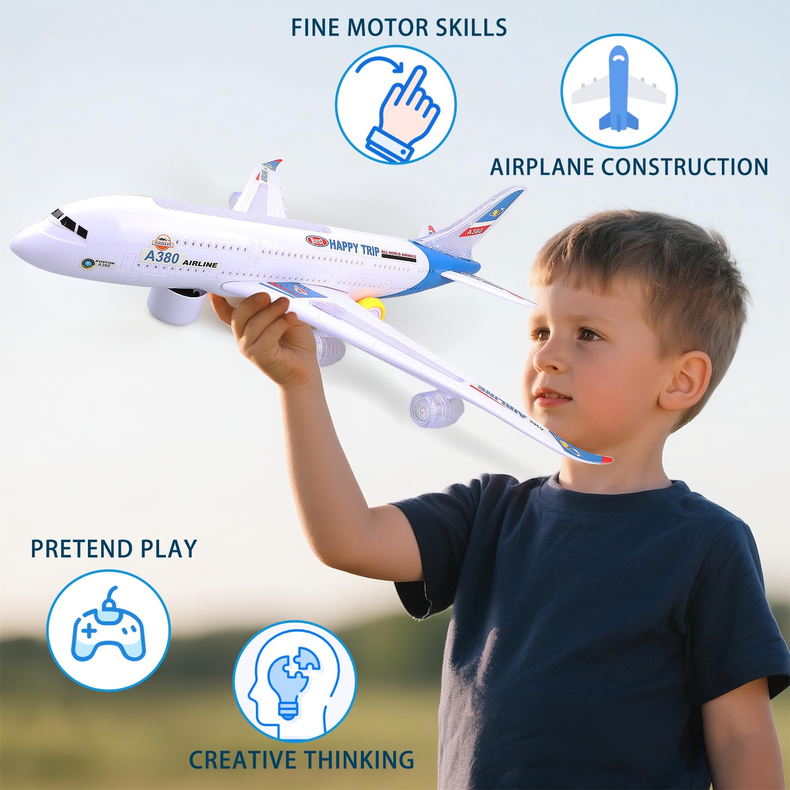 Bump and Go - Aereo giocattolo realistico con luci e suoni 4D, giocattolo per bambini dai 3 ai 12 anni, cambio automatico di direzione in caso di collisione, ottimo regalo per ragazzi e ragazze (blu)