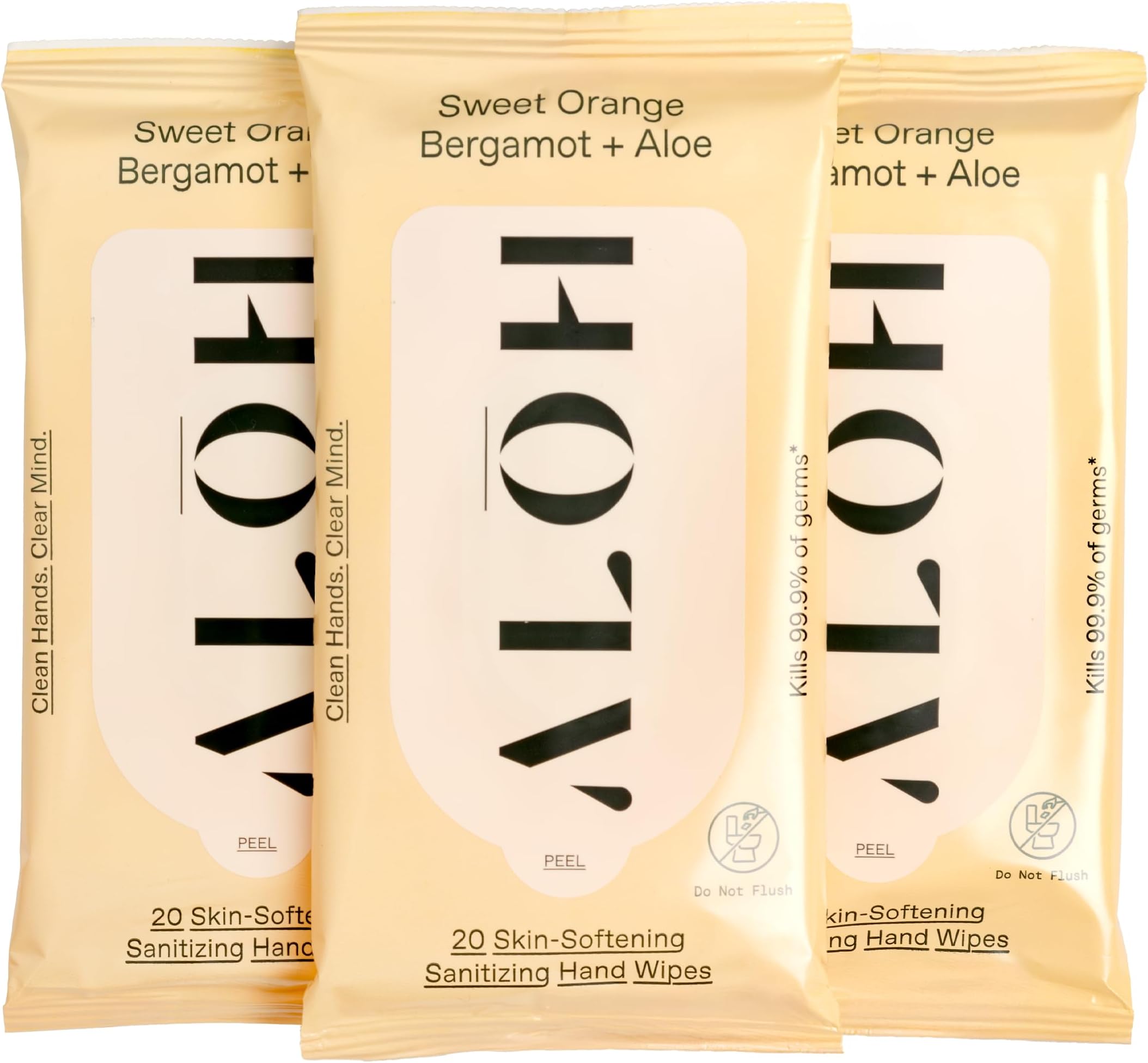 ALŌH Sweet Orange Bergamot + Aloe Sanitizing Hand Wipes - Clean Hands, Clear Mind On The Go Sanitizer for Kids and Adults Travel Size (3 Pack, 20ct Wipes)
