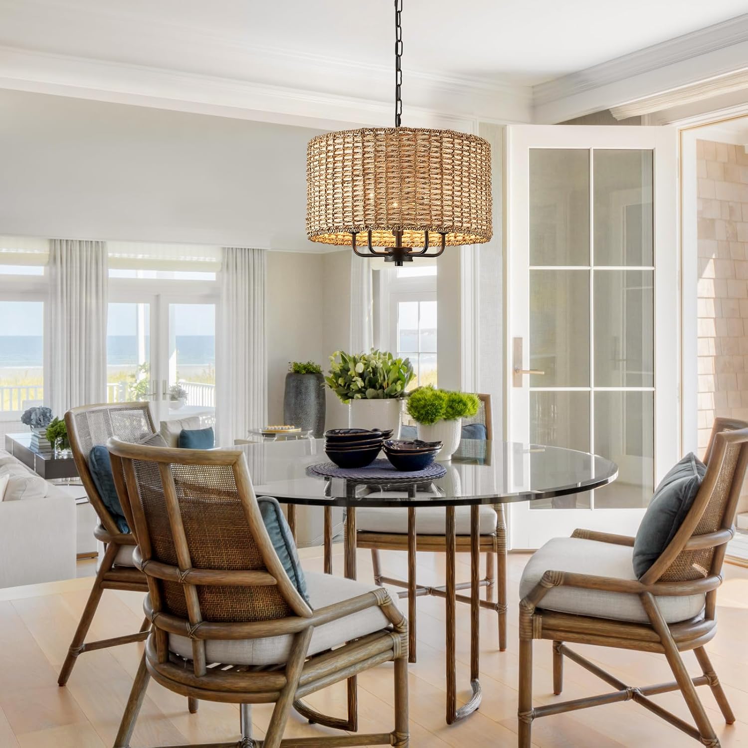 5 Lights Chandeliers 18" Rattan Light Fixture with Drum Woven Shade, Boho Chandelier for Kitchen Island,Entryway,Over Table,Hallway(Ceiling Hanging Mounted Wicker Light Fixture)