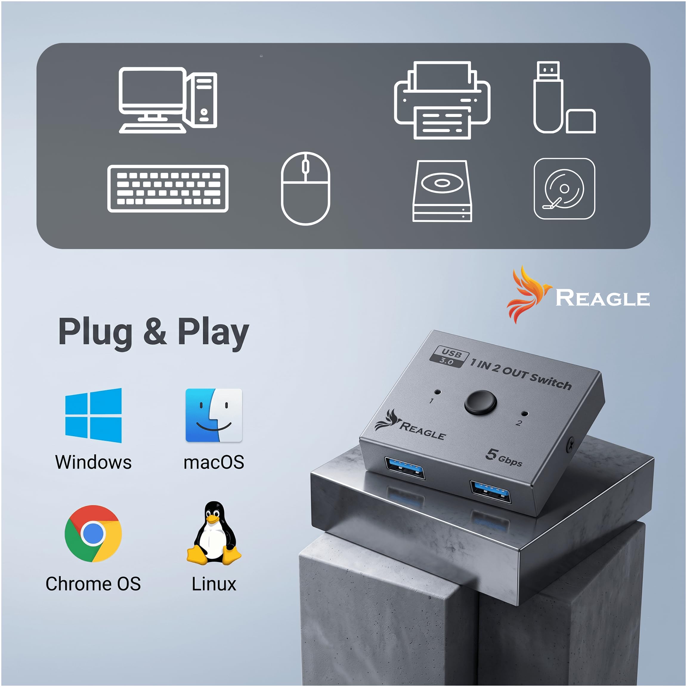 Reagle Switch USB 3.0 1x2 / 2x1, Dwukierunkowy Przełącznik USB A 5Gbps, 3 Porty USB 3.2 Gen 1, Plug & Play Aluminium do Klawiatury Myszy Drukarki Dysku USB PC Mac Linux