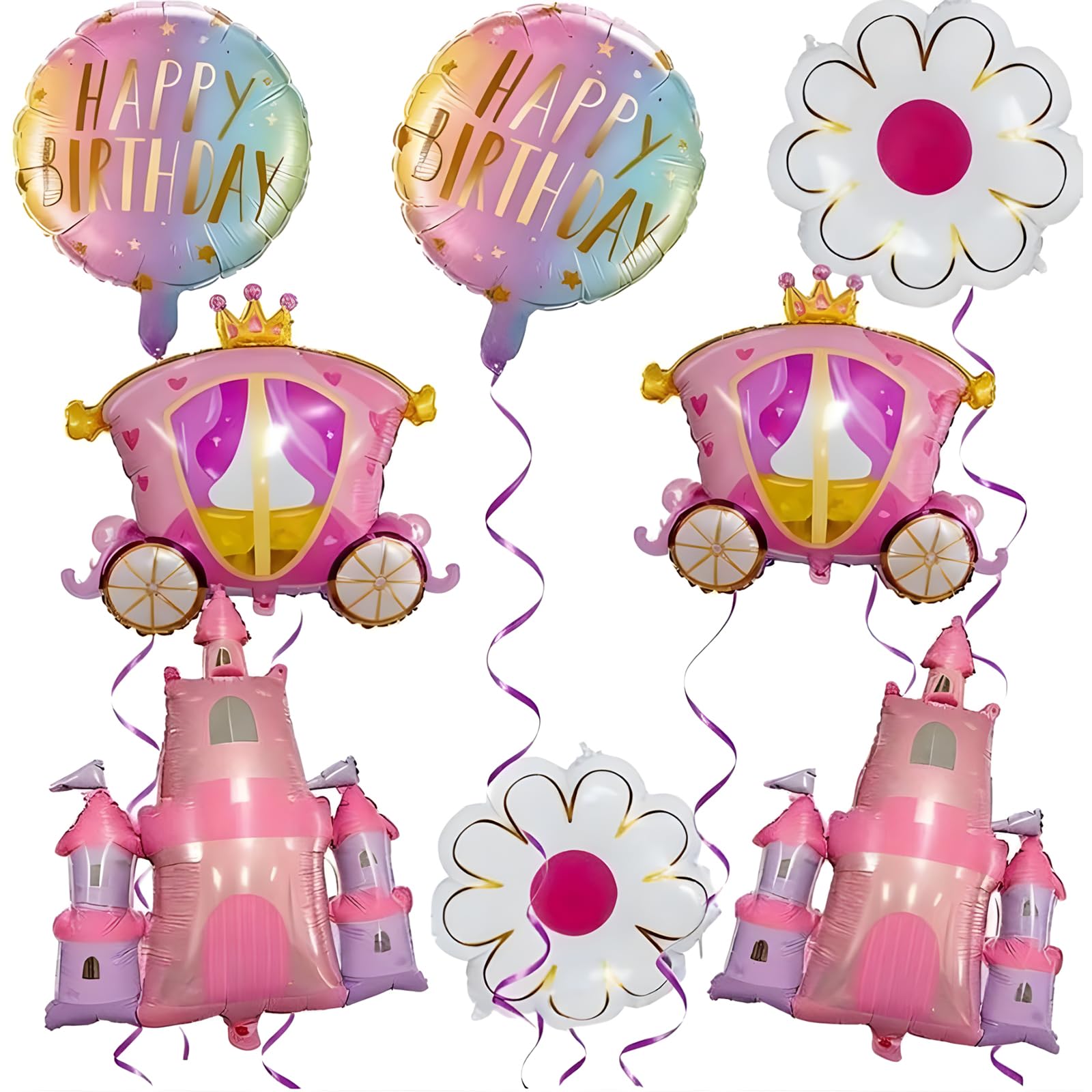8Pcs Princess Balloons, Princess Party Decorations with Castle, Carriage & Daisy Foil Balloon, Happy Birthday Decorations for Girls, Fantasy Birthday Party Supplies for Girls