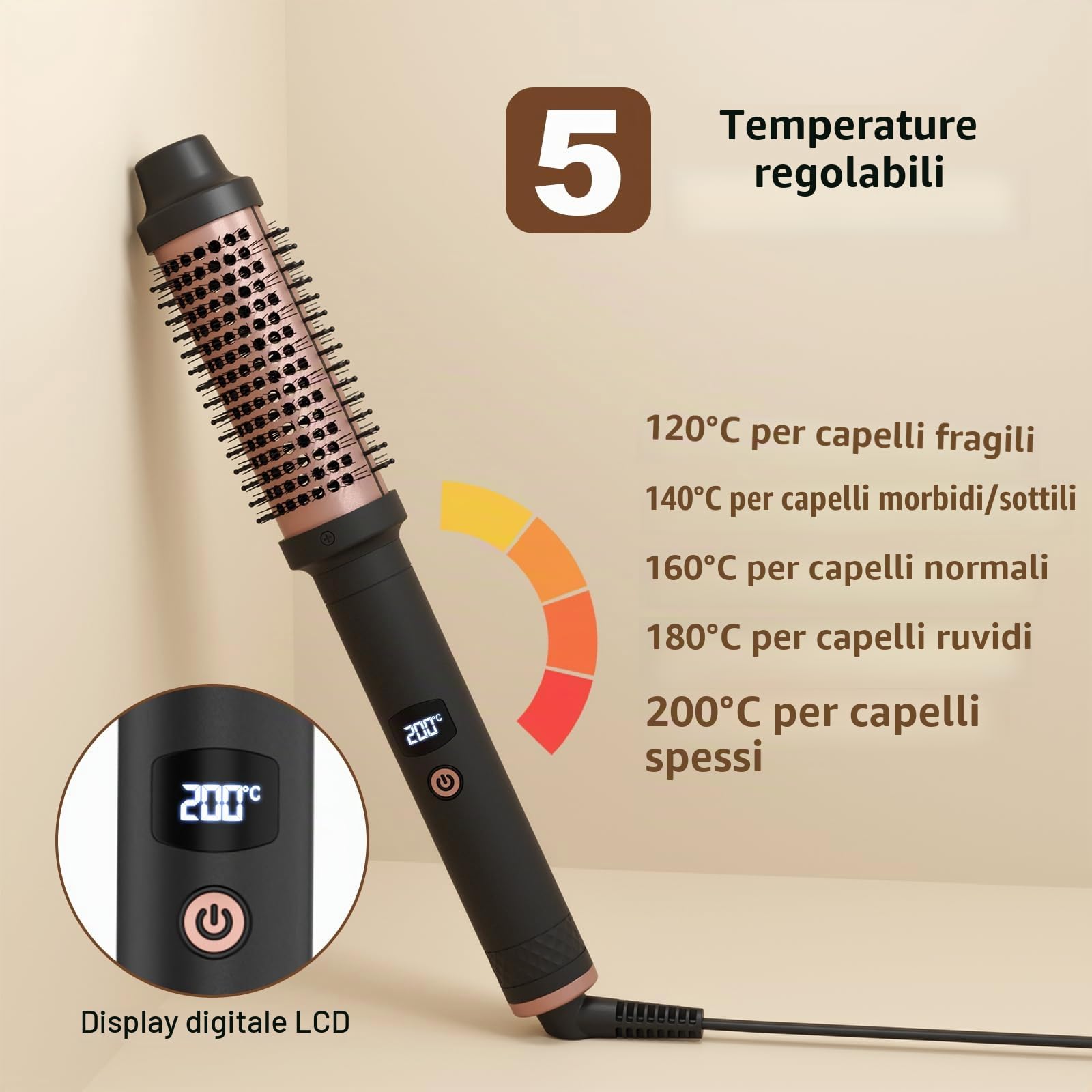 Qingning Spazzola Termica 38mm, Thermal Brush con Display Digitale LCD 120-200 ℃, Spazzola Arricciacapelli per Capelli Ricci, Spazzola Rotonda Spazzola Lisciante per Capelli Lunghi e Corti (Dorato)