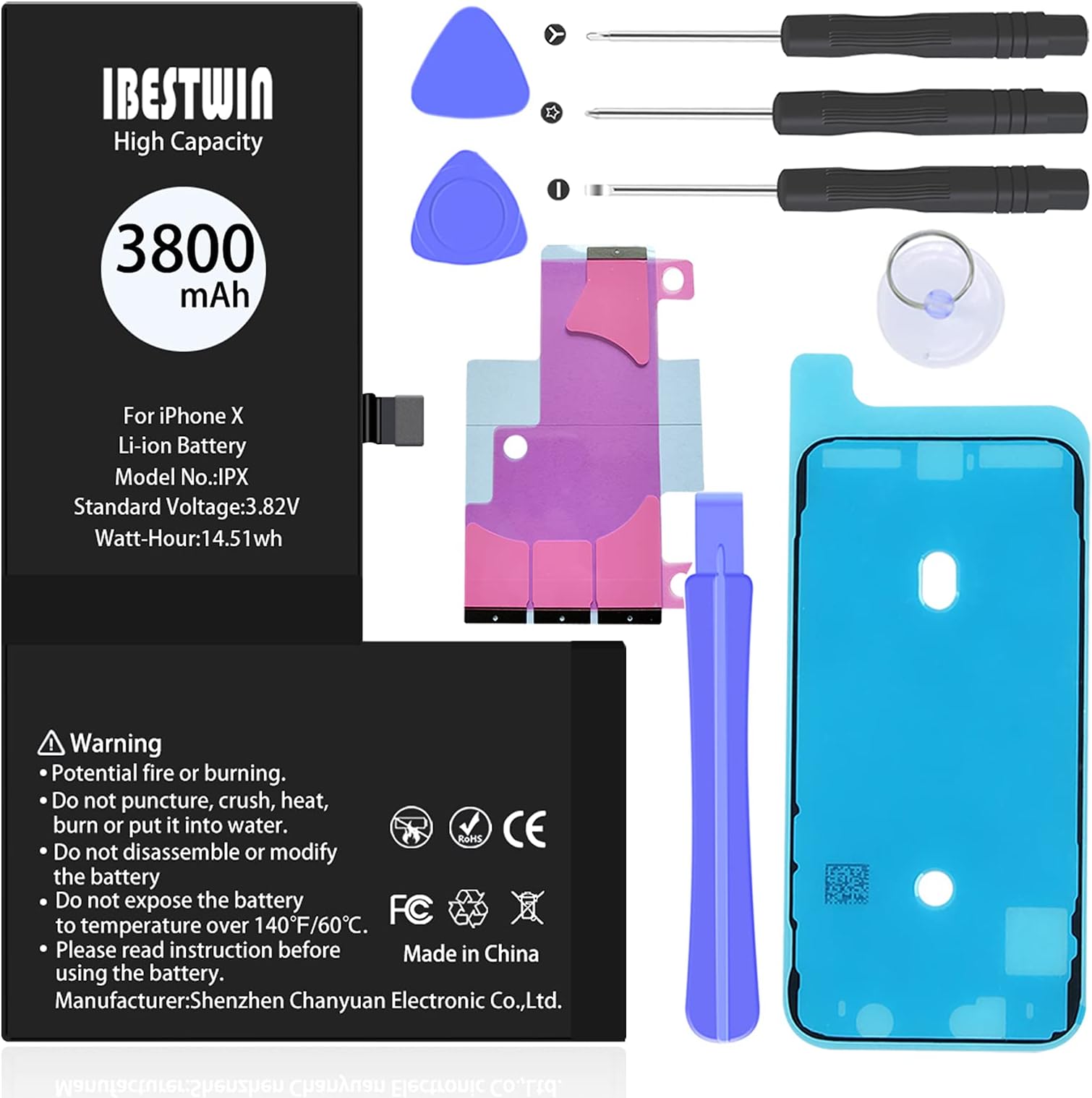 Battery for iPhone X,3800mAh Upgraded High Capacity Replacement Battery for IP X (A1865, A1901, A1902) with Tool kit Adhesive and Manual, High Capacity Battery 0 Cycle-3 Years Warranty