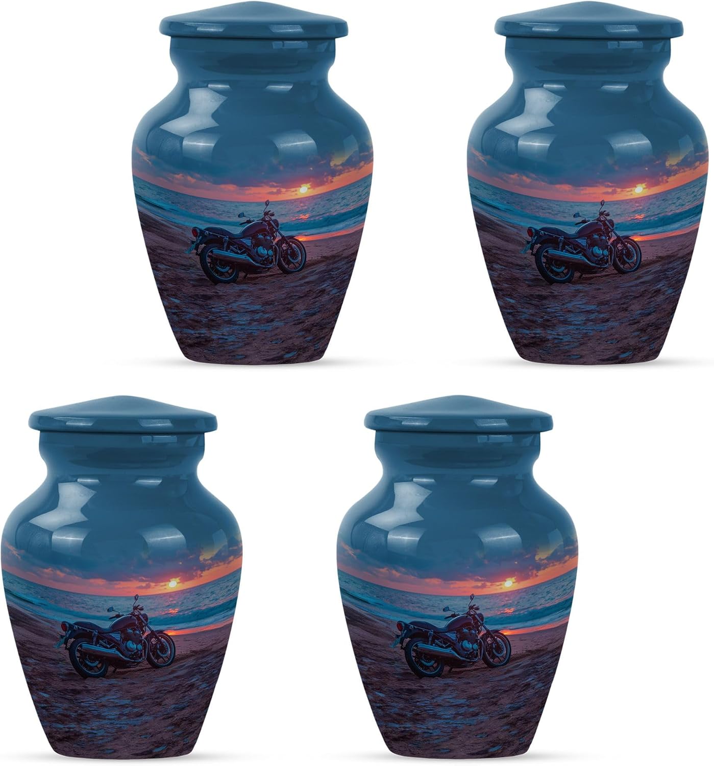 Motorcycle Urns - Sunset Urns for Ashes for Women - Blue Beach Funeral Urn for Male - Biker Cremation Urn for Men - Mini Funeral Keepsake for Human Ashes Set, 3 Inch, Set of 4