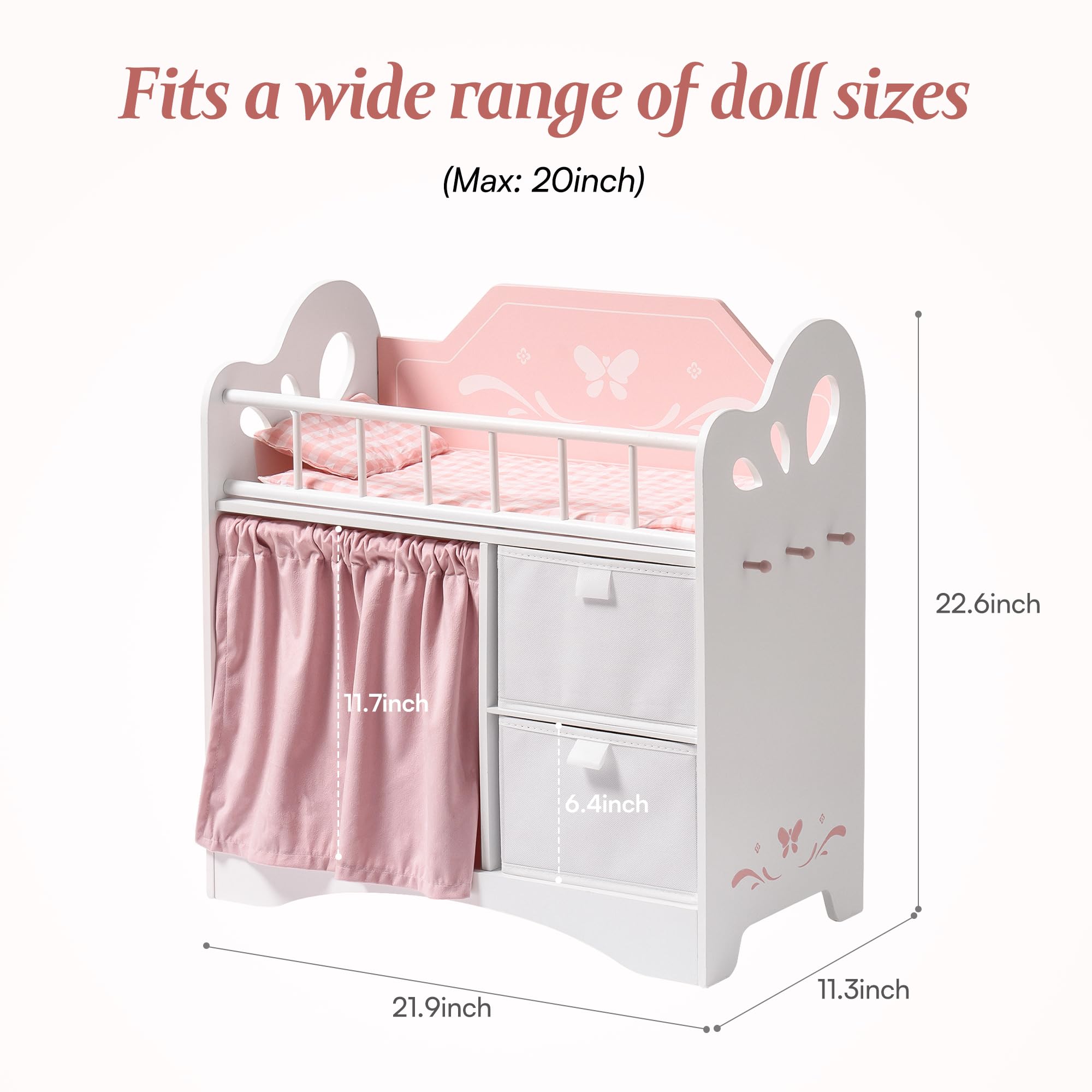 ROBOTIME Baby Doll Crib, Wooden Doll Bed, Toy Baby Crib with Storage, Bedding, and Wooden Hooks, Doll Crib Fits Dolls up to 21
