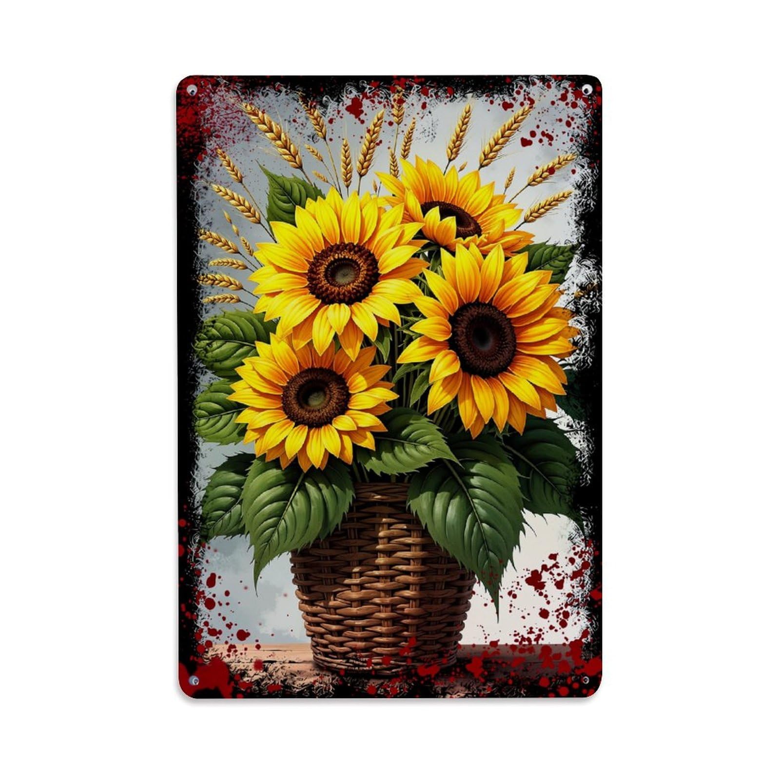 Jdfenggu Vintage Sunflower Wheat Leaves Basket Art Retro Metal Tin Sign, Decor Art Poster For Bar, Home, Man Cave, Kitchen, Laundry Room Gift 8X12inch