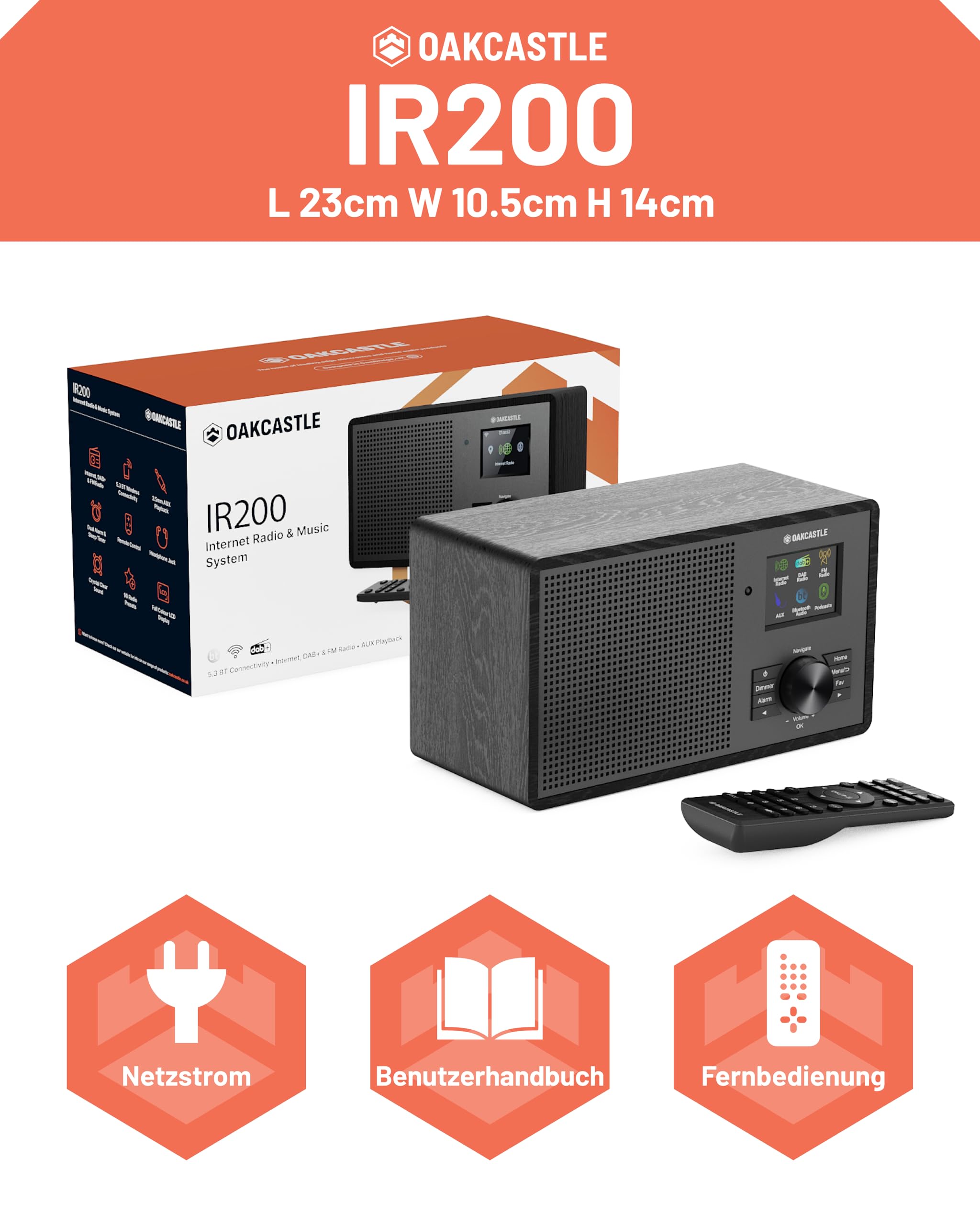 OAKCASTLE IR200 Internetradio WLAN DAB+ Bluetooth Kompakt Digitalradio UKW mit Fernbedienung EQ Dimmbares Farbdisplay