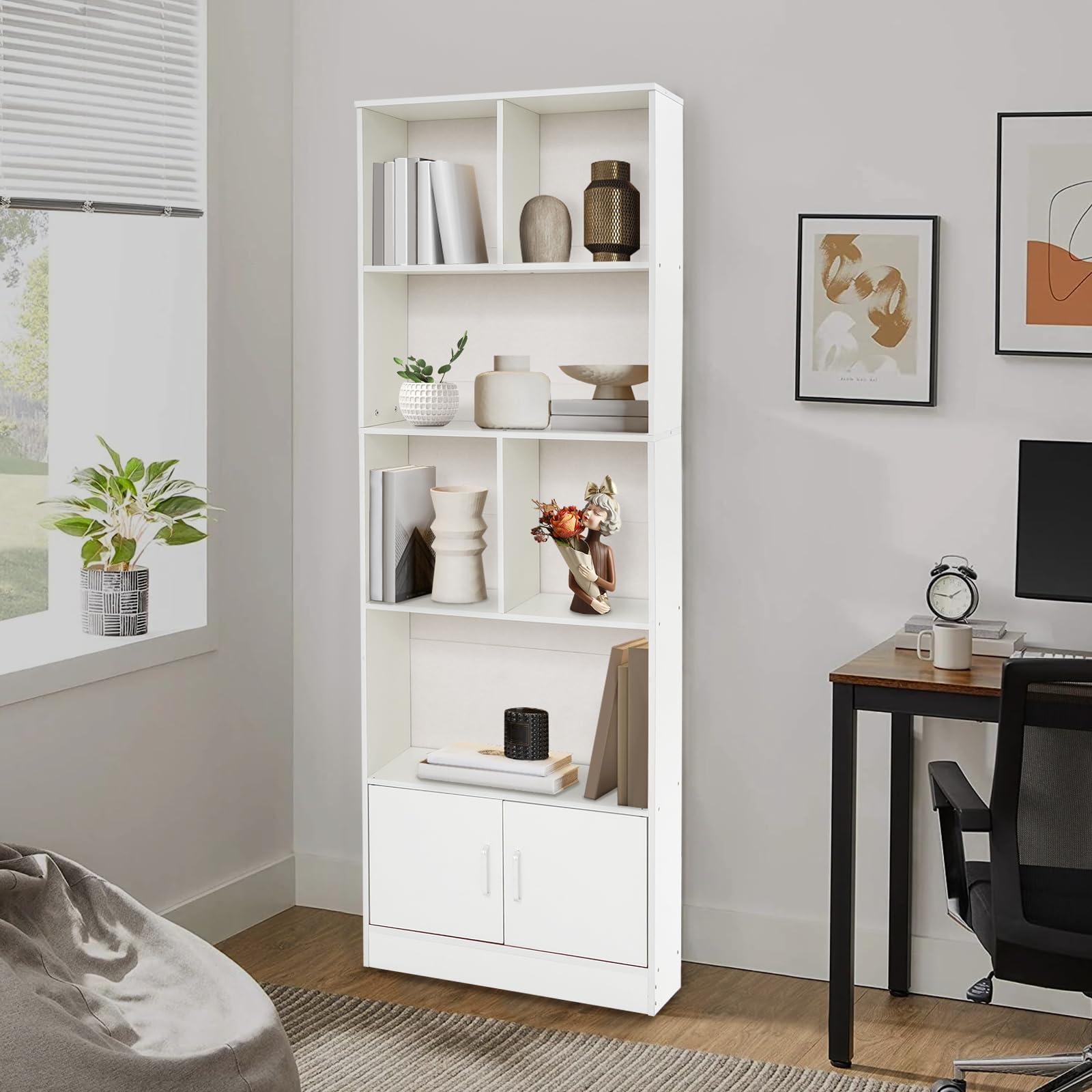 Estantería, estantería con 2 puertas, 6 compartimentos, estantería alta con 5 niveles, estantería escalonada, estantería de pie, para salón, oficina, cocina, 60 x 23 x 178,2 cm, color blanco