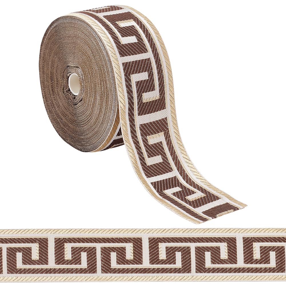 FINGERINSPIRE 25M Drapery Trim 60MM Wide Jacquard Ribbon with Brown Greek Key Design Polyester Material Craft Supplies for Home Decor DIY Sewing Gift Wrapping Art Projects