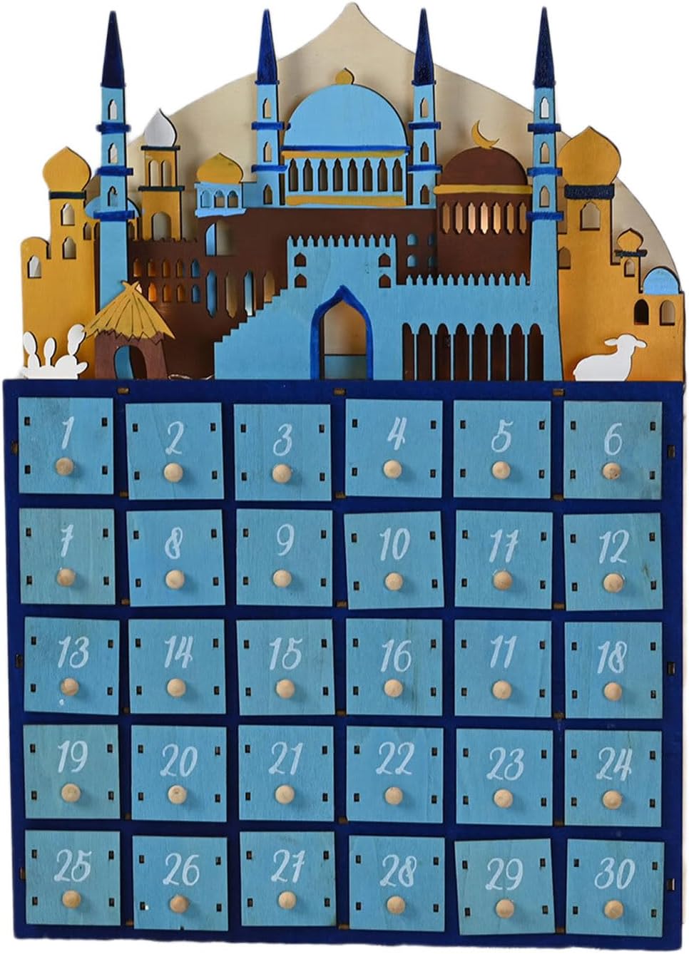 Wood Ramadans Advent Calendar With LED Light And 30 Small Drawers Countdown Calendar For Eid Festivals Party Decoration