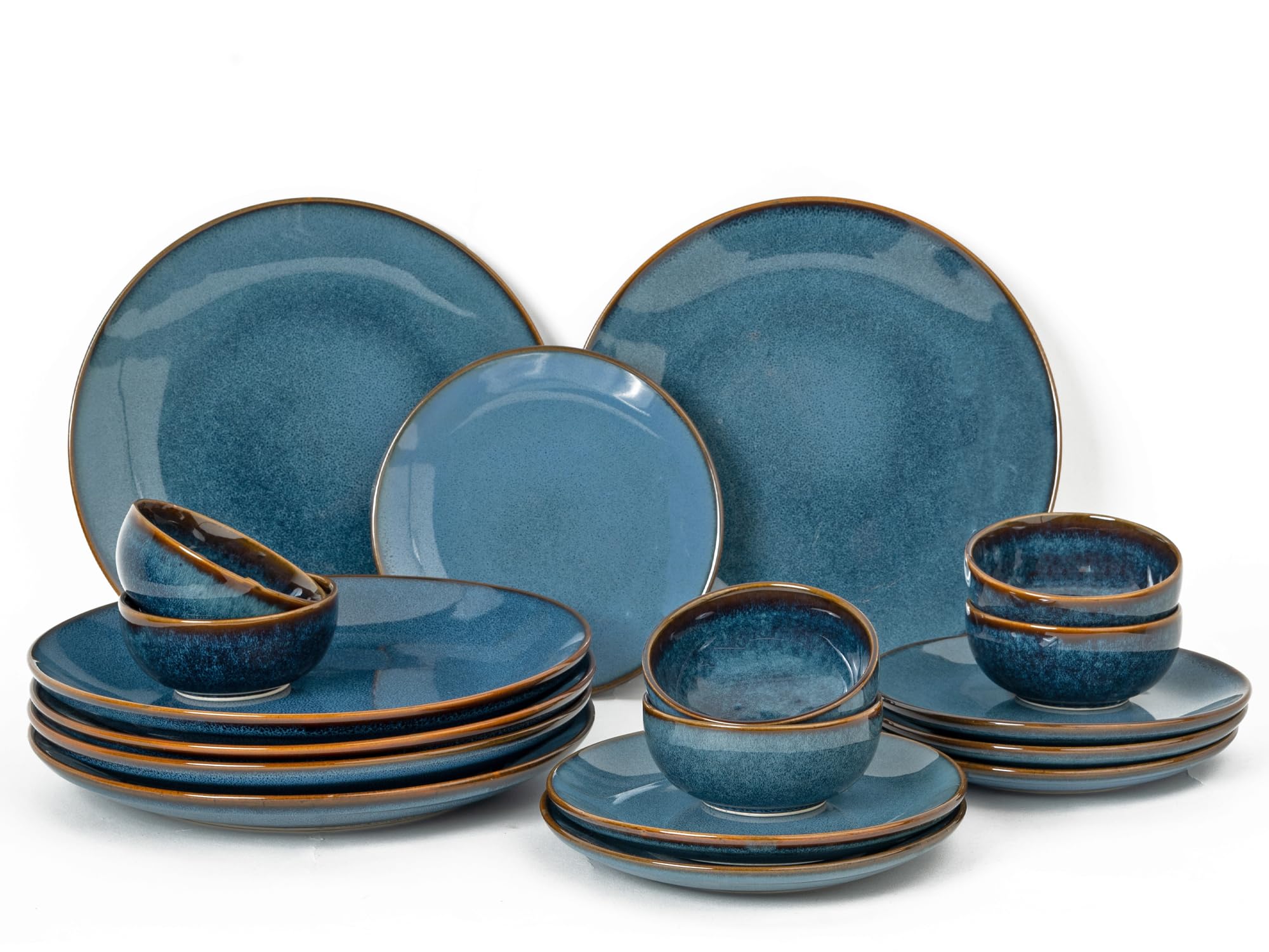 Bodhi House Reactive Handcrafted Premium Ceramic Dinner Set | 6 Dinner Plates, 6 Quarter Plates, and 6 Small Dinner Bowl | Stoneware | Microwave and Dishwasher Safe | Pack of 18 | Greenish Blue