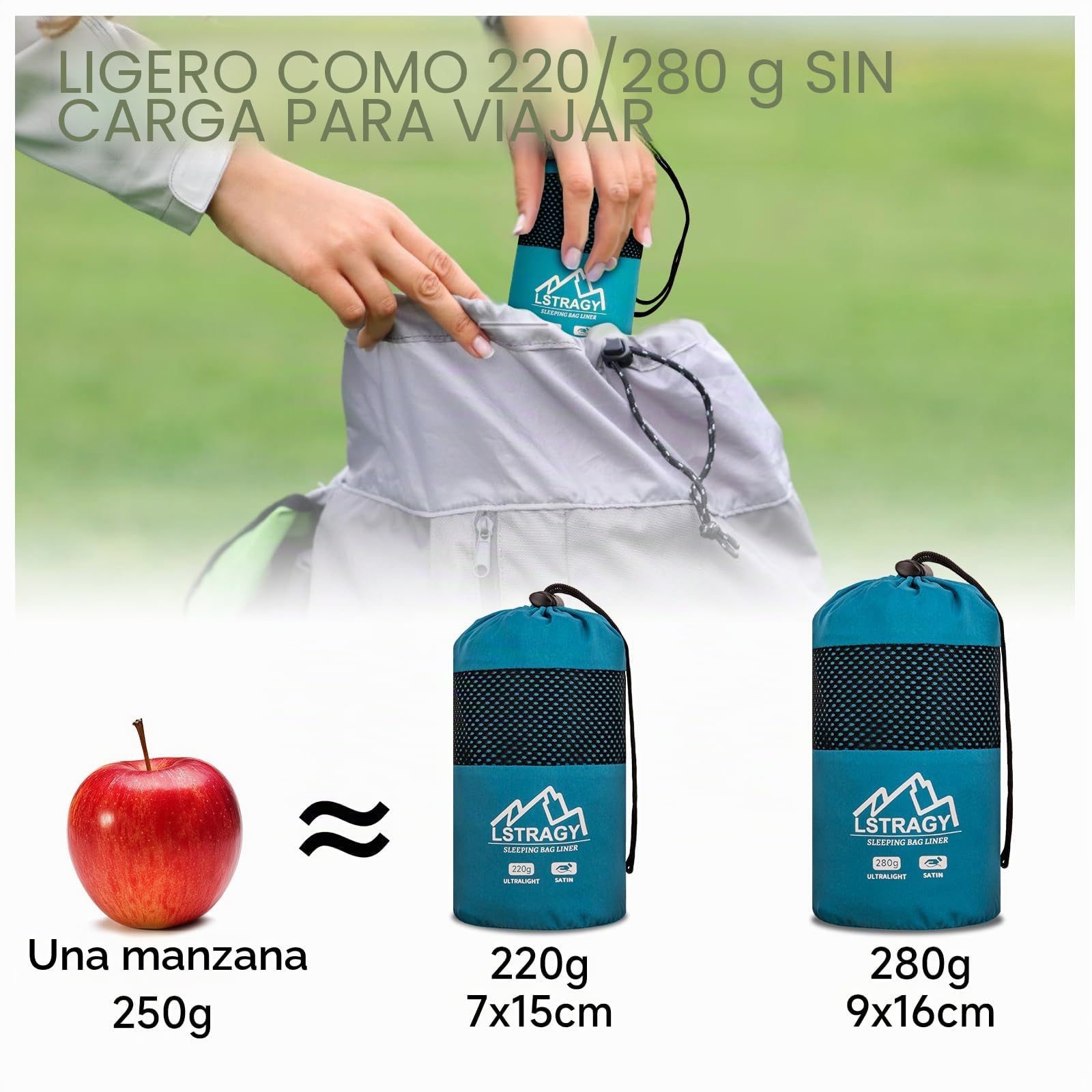 Saco de Dormir Ultraligero de satén, 220g/280g Saco de Dormir Fino con Funda y Cremallera bidireccional, Ideal para hostales y Viajes de mochilero, imprescindible para el Senderismo