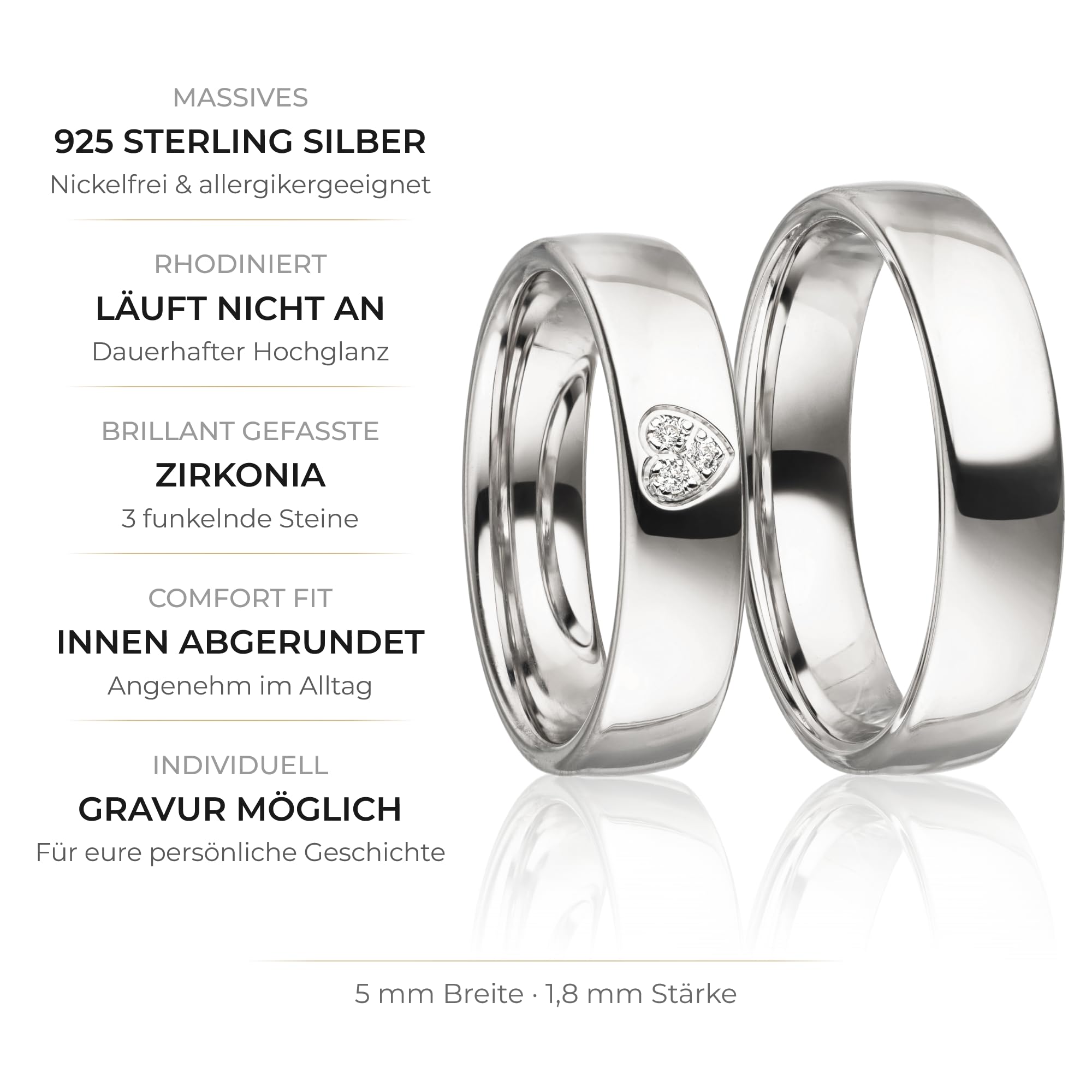 Kolibri Rings Eheringe Set Silber 925 mit 3 Zirkonia in Herz-Form Verschnittfassung | Partnerringe, Trauringe Paarpreis Made In Germany | Inkl. Gratis Gravur + Etui