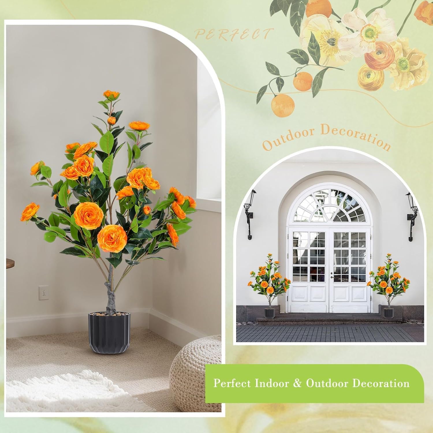 2 Pack 36 Artificial Tree with Camellia Flowers Fake Tree with 24 Blooming Flowers Orange Tree for Spring Home Front Door Outdoor Indoor Decor