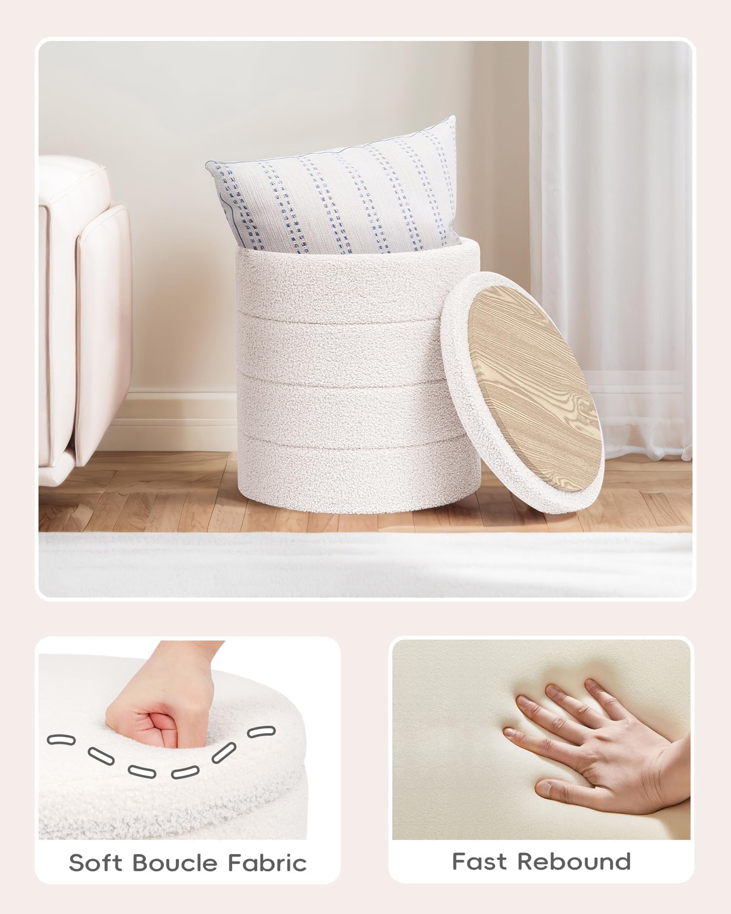 PINPLUS Sgabello Pouf Contenitore, Cassapanca Rotondo Ottomano con Contenitore, Pieghevole Poggiapiedi in Teddy 37x37x45 cm, per Soggiorno, Camera da Letto e Corridoio, Bianco