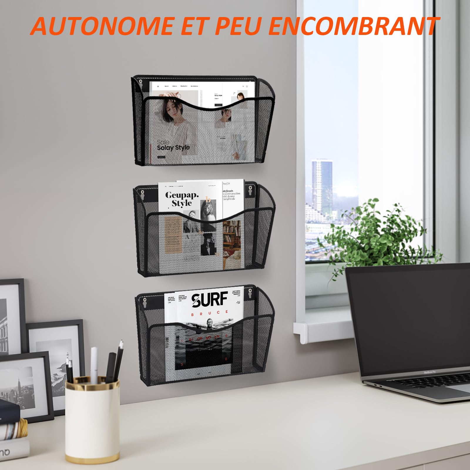 AGPTEK Porte-Documents Organiseur de Fichiers Dossiers Mural, 3 pièces, Mailles en Métal, Noir