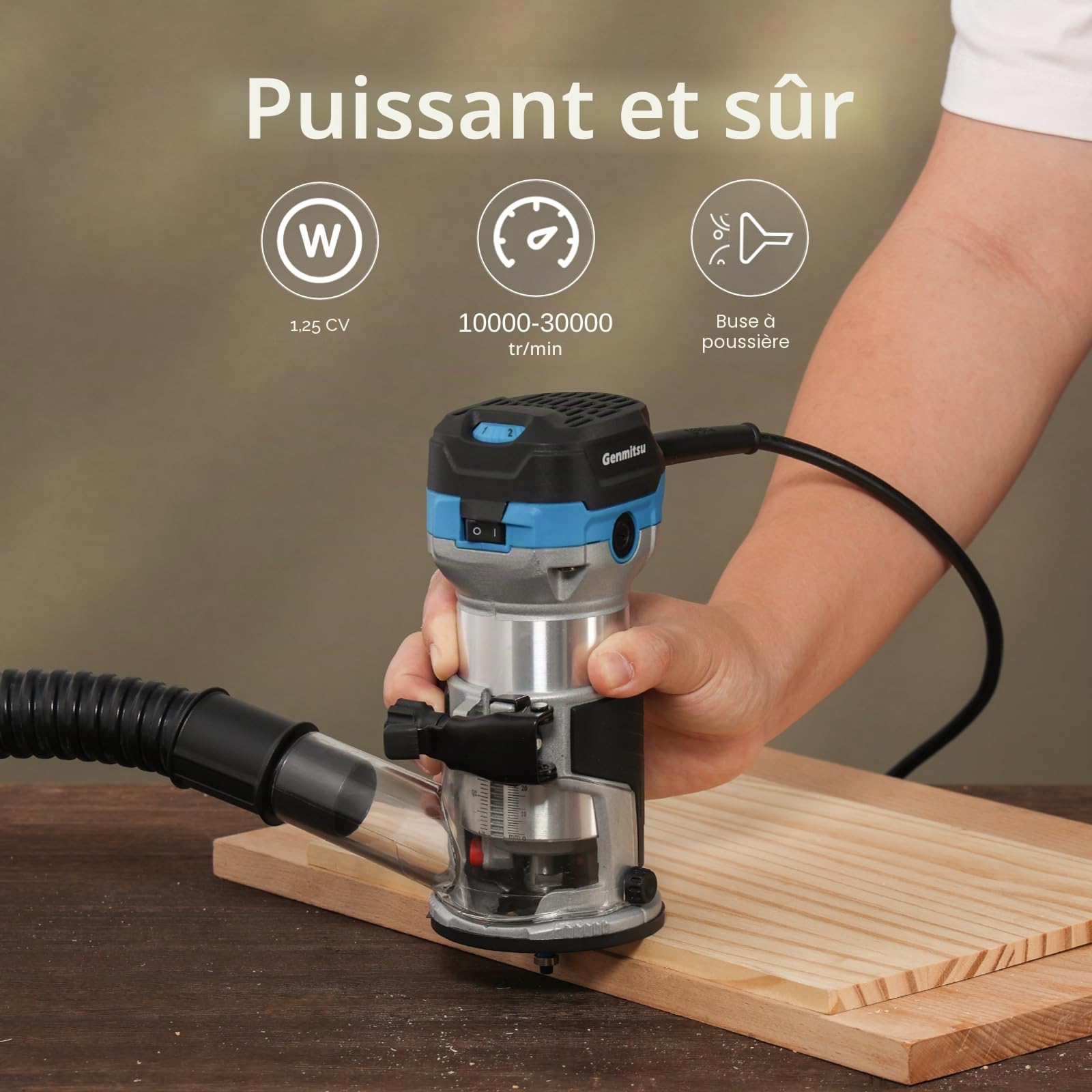 Genmitsu Défonceuse à paume 1,25 HP, outil à bois compact avec base fixe, 6 vitesses variables 10 000-30 000 R/MIN, avec pince 1/4", parfait pour le travail du bois CNC et les projets de bricolage