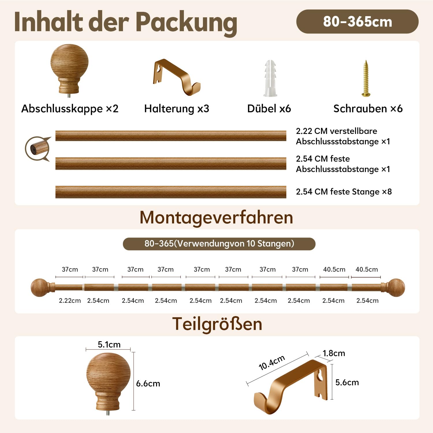 Gardinenstange Holzoptik Ausziehbar 80-365cm Landhausstil