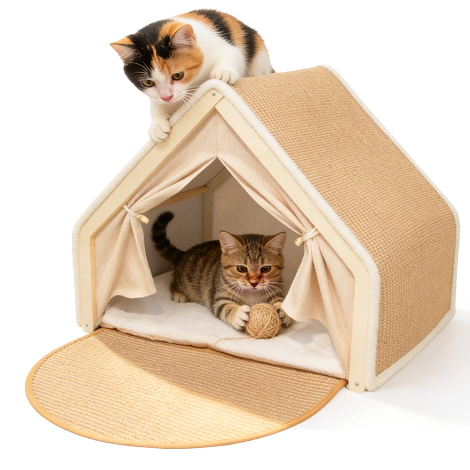 2-in-1 Katzenhaus mit Kratzbrett, Holz katzenzelt & Sisal Kratzfläche als Gemütliche Katzenhöhle für 2 Katzen, Atmungsaktiver Katzenhaus Indoor mit Sisal Kratzbrett 52 x 40 x 40 cm（Beige）