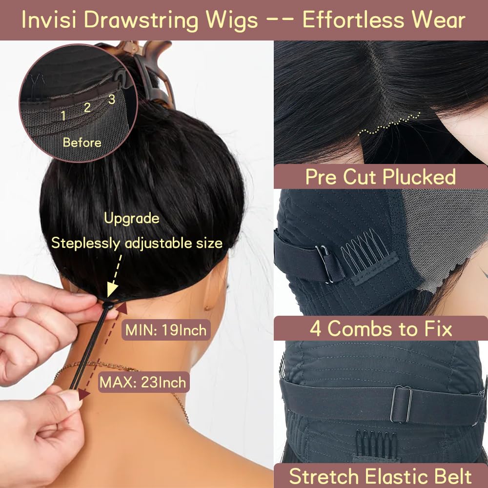 Glueless Wigs Human Hair Pre Plucked Pre Cut 9x6 Straight Lace Front Wigs 250 Density Invisi Drawstring Wigs 12A Brazilian Virgin Human Hair Wig Ready to Wear Wig 20 Inch