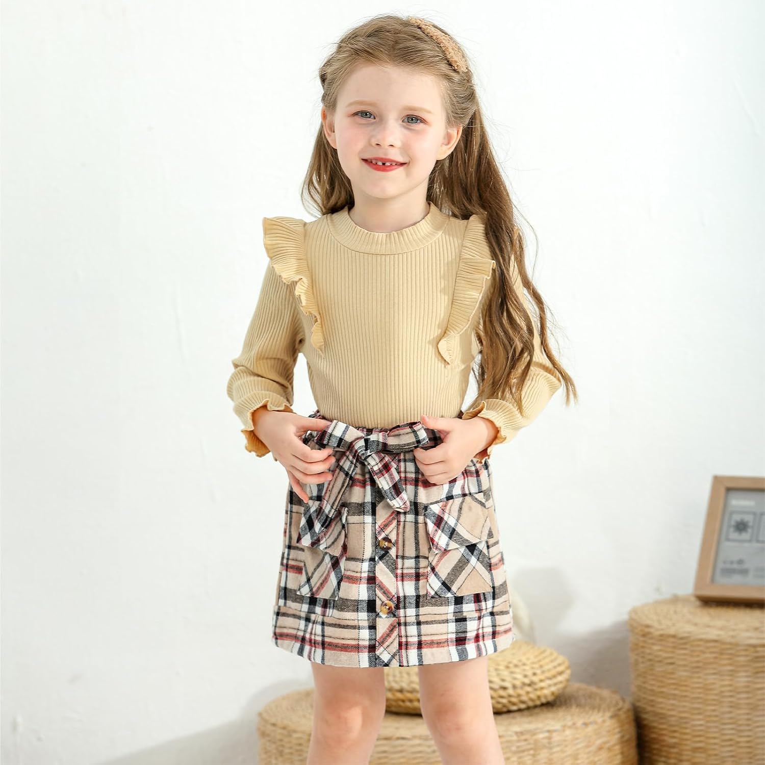 Weixinbuy Toddler Girl Fall Winter Clothes Solid Long Sleeve Ribbed T-Shirt Knit Tops Plaid Button Mini Skirts Set Outfits