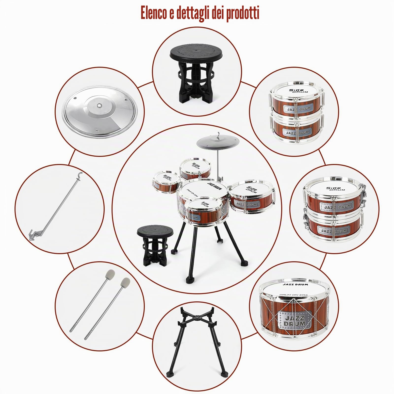 Kit Batteria per Bambini, 5 Tamburi con Sgabello, Strumento Musicale | per Educazione Precoce, Batteria Musicale Bambini Junior Drum Set Regalo 1 2 3 4 anni Ragazze Ragazzi