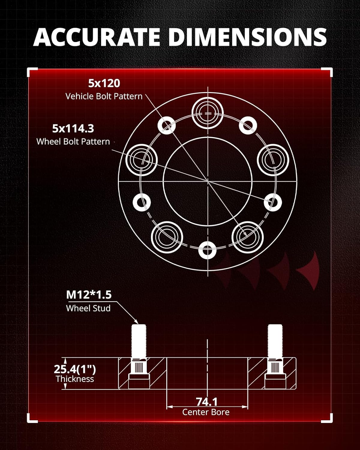 EVIL ENERGY 5x4.75 to 5x4.5 Wheel Adapters 1 inch Compatible with Chevy 2010-2024 Camaro, 5x120.65mm to 5x114.3mm 5 Lugs 74.1 mm Hub Bore M12x1.5 Studs Black, Not Hubcentric - Image 2