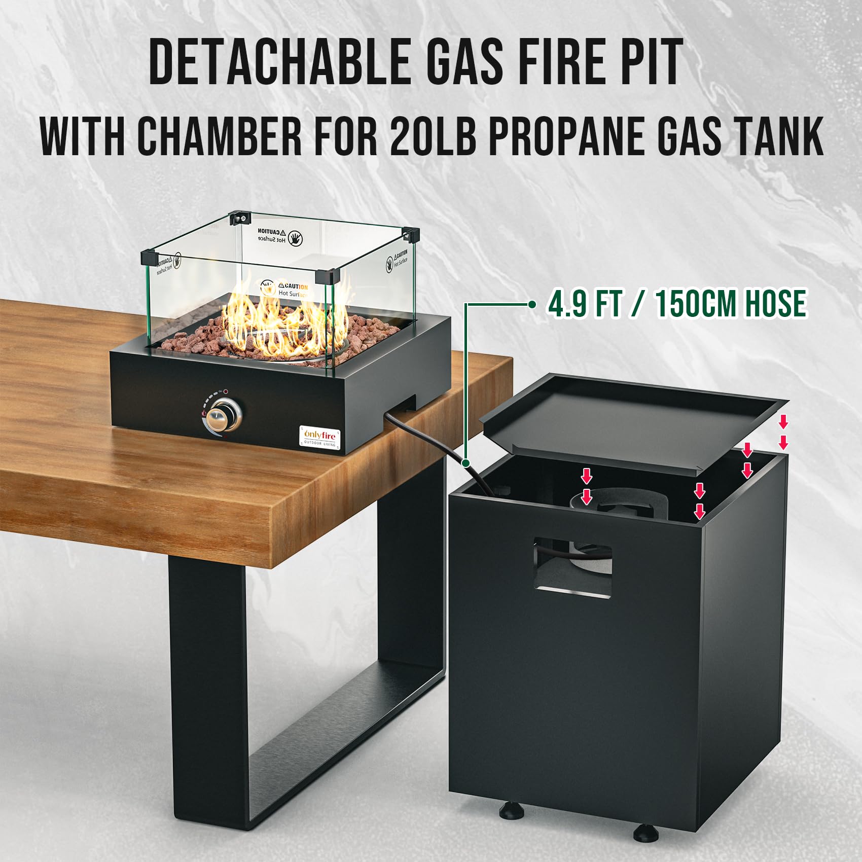 Onlyfire Premium Abnehmbare Gas-Feuerstelle Mit Glas-Windschutz Und Rädern – 24000 BTU, Für 9 Kg Propan-Tank, Inkl. Lavasteine, Für Terrasse Und Garten