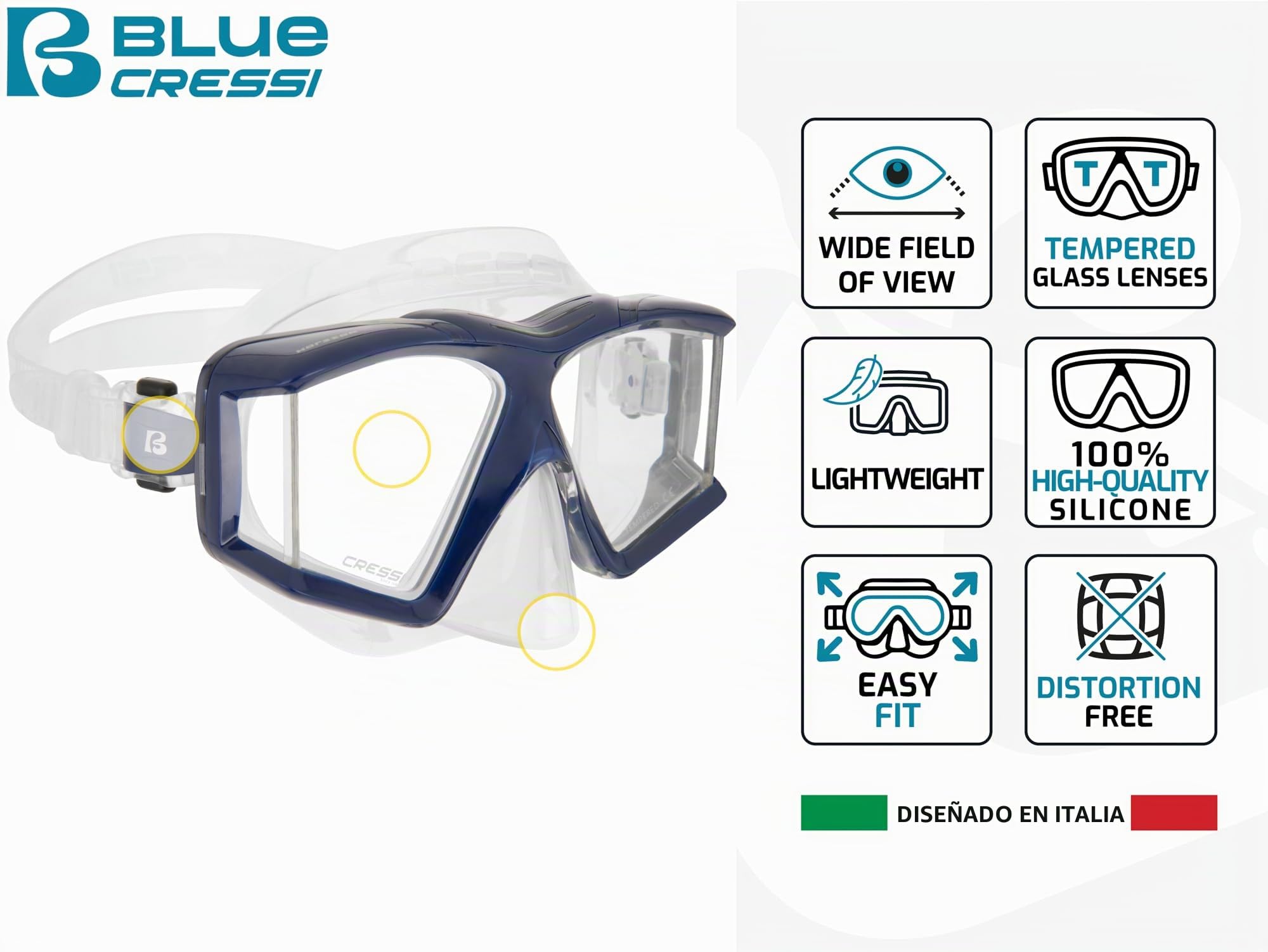 CRESSI Horizon - Mask Equiped with 4 Separate Tempered Glasses or Combo Set Mask + Snorkel Scilla Top Dry Sistem, Diving and Snorkeling with Uninterrupted Panoramic Vision