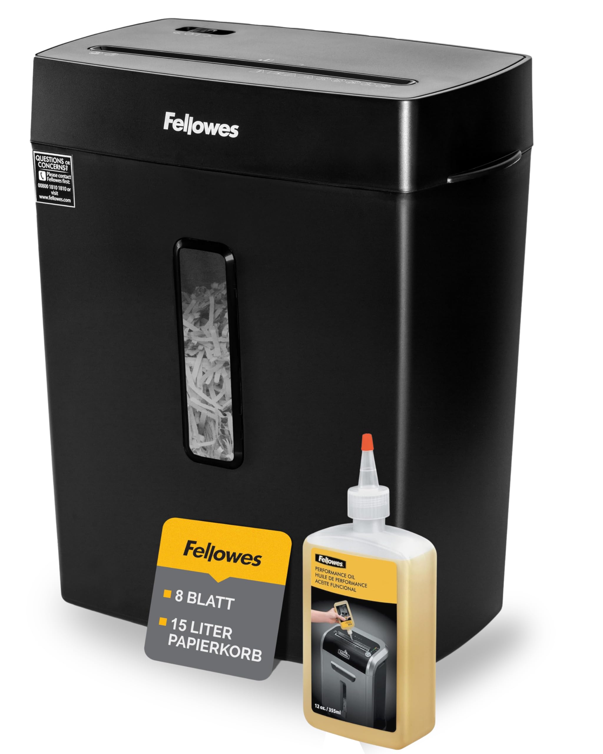 Fellowes Aktenvernichter FS-8C Premium Bundle mit Öl, Papierschredder, 8-Blatt-Partikelschnitt, Aktenvernichter P4, Schredder für Büro und Homeoffice, 15L Papierkorb, verarbeitet Kreditkarten, Schwarz