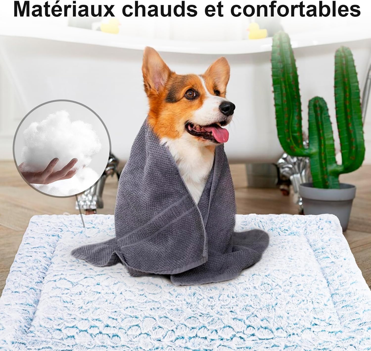Tapis Chien Court en Peluche pour Chiens de Moyen Taille, Matelas Chien, 94 x 61 cm, Bleu