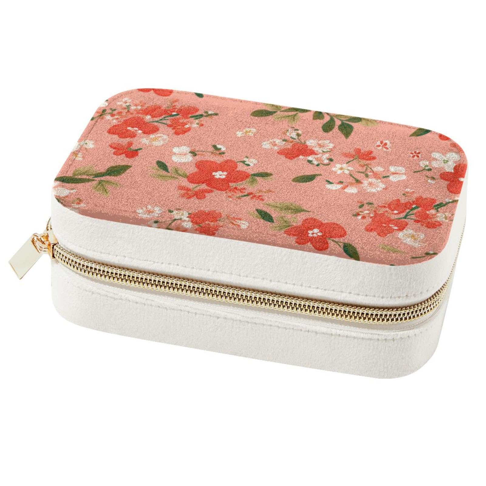 Boîte à bijoux voyage rouge floral pour bagues et colliers