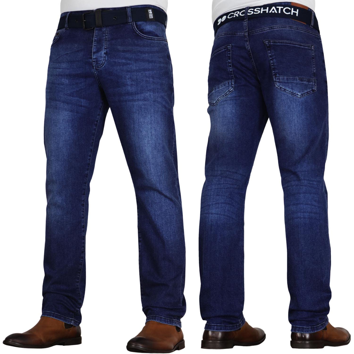 Men’s New Embossed Techno Straight Fit Denim Jeans with Branded Belt, Contrast Stitching & Embossed Back Pocket Detail, Button Fly, Sizes 30-40