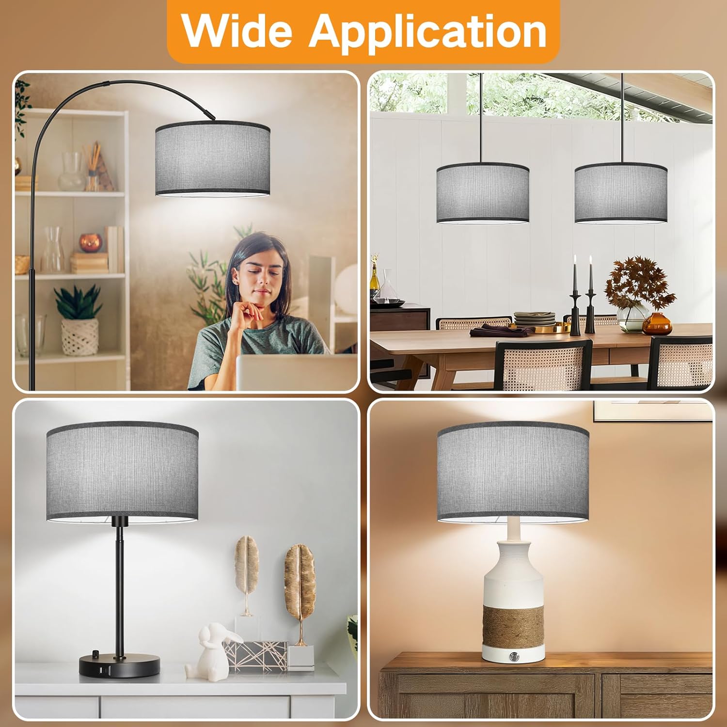 OUTON Grey Large Drum Lamp Shades for Floor Lamps, 17.5" Top x 17.5" Bottom x 10" High, Easy to Assemble, Replacement Linen Lampshades for Table Lamps & Bedside Lamps (1.65" Spider)