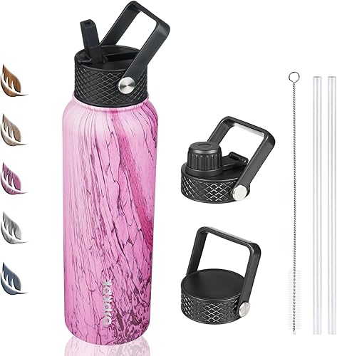 BJPKPK Botellas de agua con aislamiento y tapa con popote, grande (40 fl oz), de acero inoxidable, con 3 tapas, reutilizable, mantiene agua fría o
