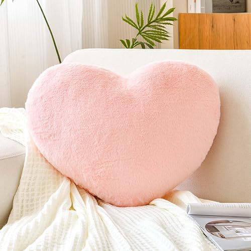 XVTRU Pink Heart Pillows, Cute Heart Decorative Pillow, Heart Shaped Throw Pillows for Bed, Faux Rabbit Fur Plush Hoom Decor Pillow Cushion for Chair Sofa Living Room (Medium-15.7"x11.8") - Pink - Medium-15.7"x11.8"
