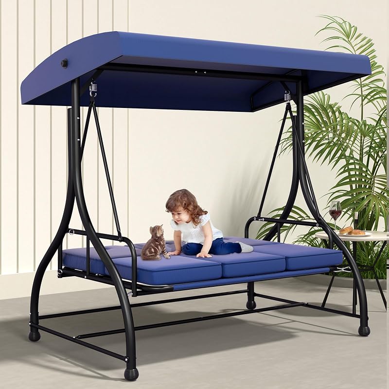 3-Seat Patio Swing Chair Outdoor Heavy Duty Steel Frame with Adjustable Canopy Removable Cushions - All Weather Porch Swings Glider for Backyard, Garden, Poolside - Blue image 3