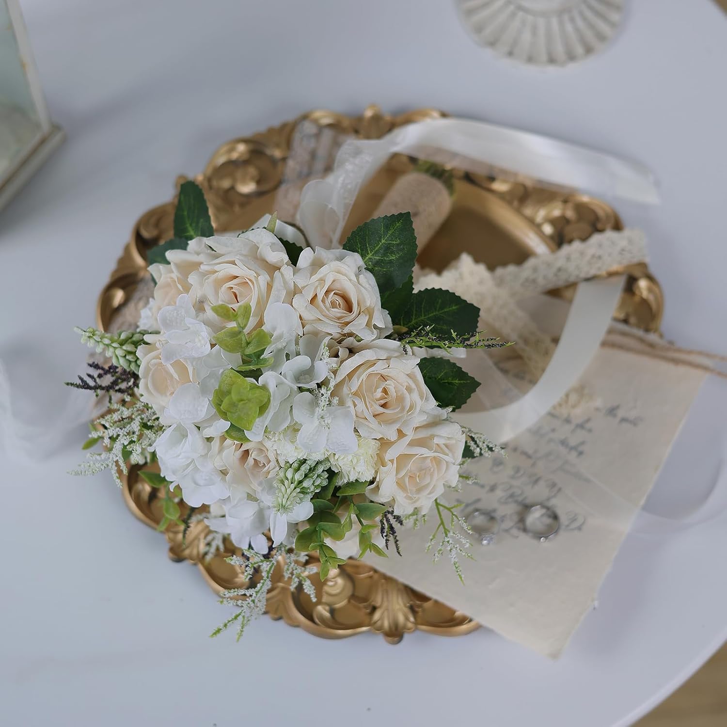 Wedding Bouquets Large for Bride Bridesmaid,White Champagne Artificial Roses Flowers for Wedding Church Decoration (9.5in) - Image 8