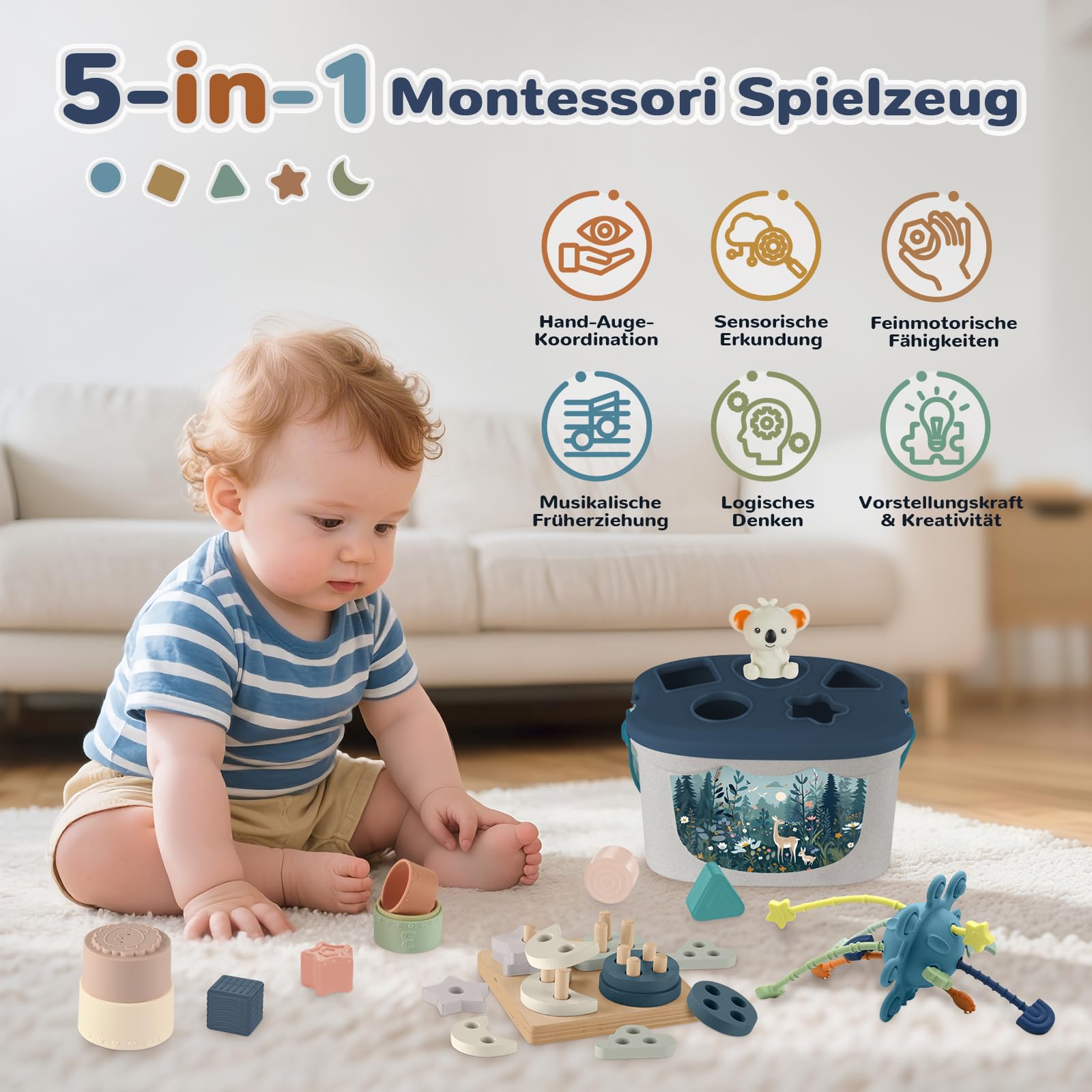 Baby Spielzeug ab 6 Monate,5 in 1 Montessori Spielzeug Baby,Motorikspielzeug mit Formensortier- und Stapelspielzeug,Xylophon,Silikon Zugschnur Spielzeug,Stapelbecher,Geschenk Junge Mädchen