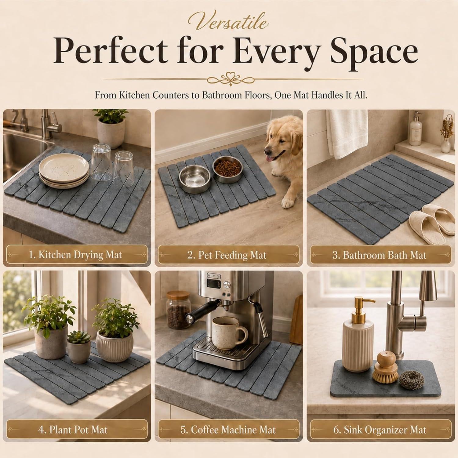 2 PCS Large Stone Dish Drying Mat for Kitchen Counter, 24" x 16" Diatomaceous Earth Dish Mat with 8" x 4" Coaster, Quick Dry Foldable Absorbent Mat for Dishes, Cups, Bottles (Dark Gray)