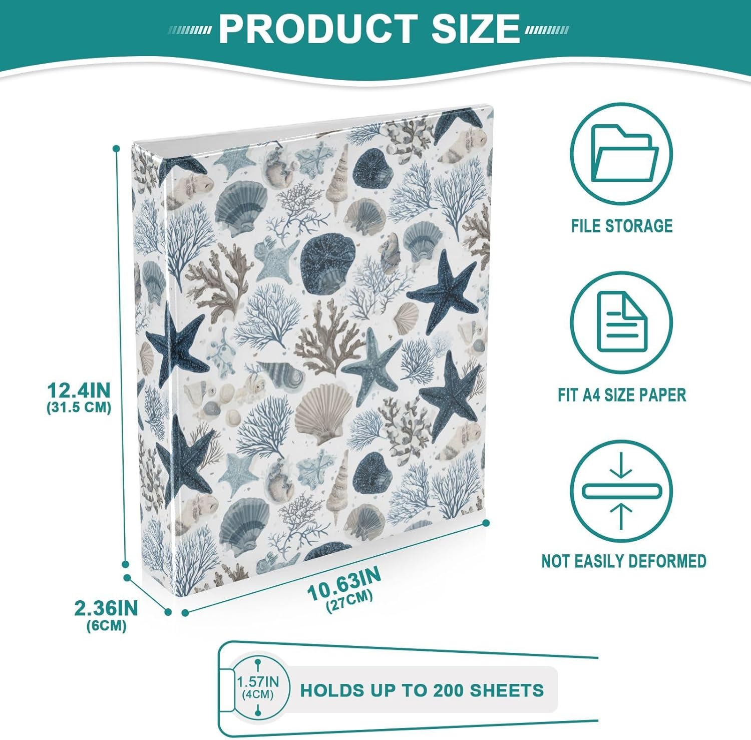 Ocean Themed Starfish Coral Shells 3 Ring Binder 1.5 Inch Binder with Clipboard PVC Pockets Fits 8.5 x 11 Inch Paper Holds 200 Sheets for School and Office Supplies