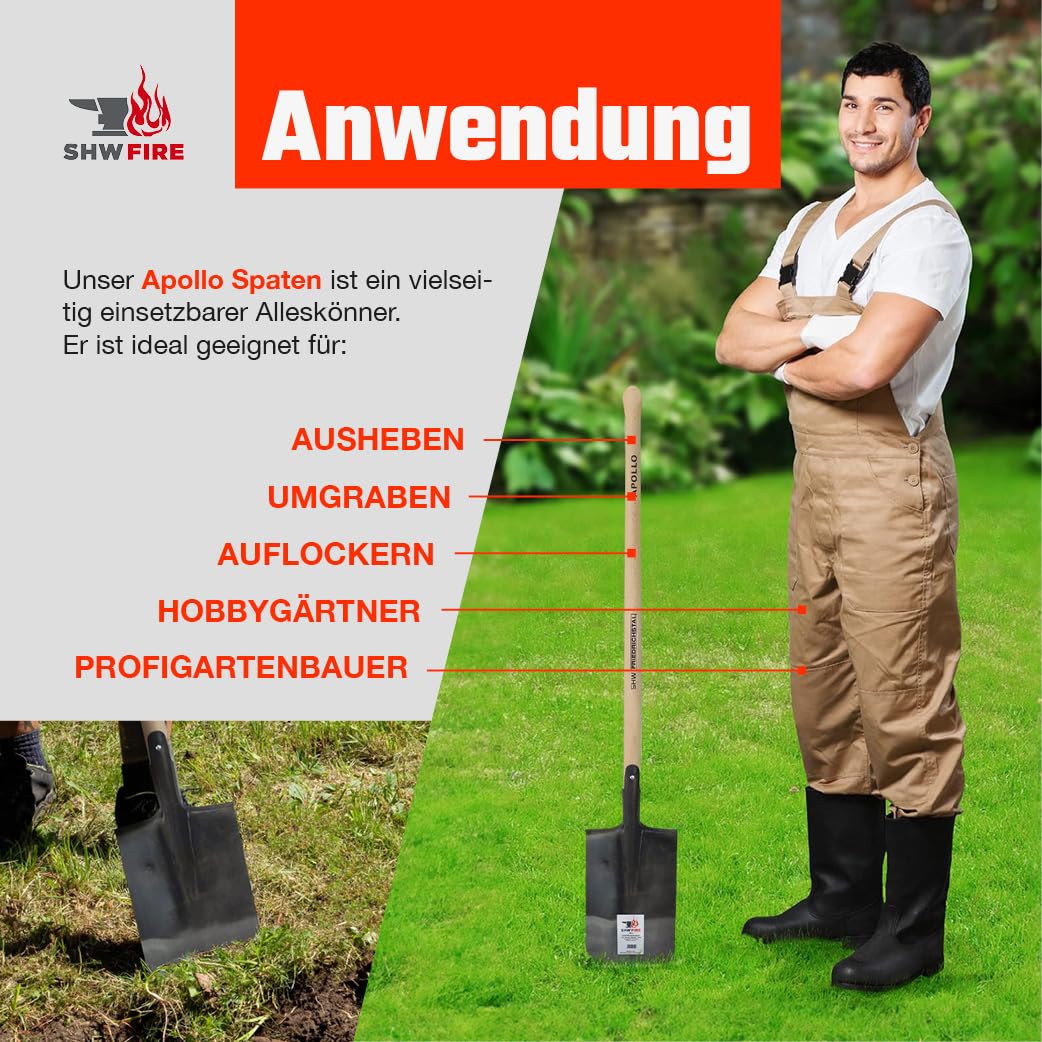 SHW-FIRE Apollo-Spaten - 1/2 poliert, umgebogener Tritt und Buchenstiel | Made in Germany | Für Garten- & Erdarbeiten |Umgraben & Ausheben | Halbpoliertes Blatt| Mit Tritt | Schmiedequalität