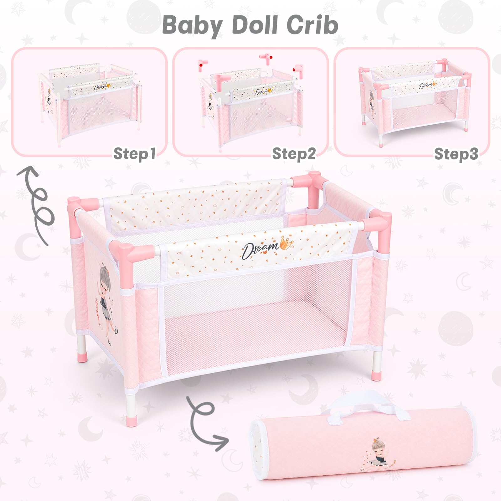 deAO 20 PCS Juego de Muñecas y Accesorios, Regalo para Niñas de 3 Años | Cochecitos, Cuna, Bolsos, 30CM Muñeca de Bebe, Arco de Juegos, Hamaca y Accesorios, Set de Juego con Muñecas de Rol Realista