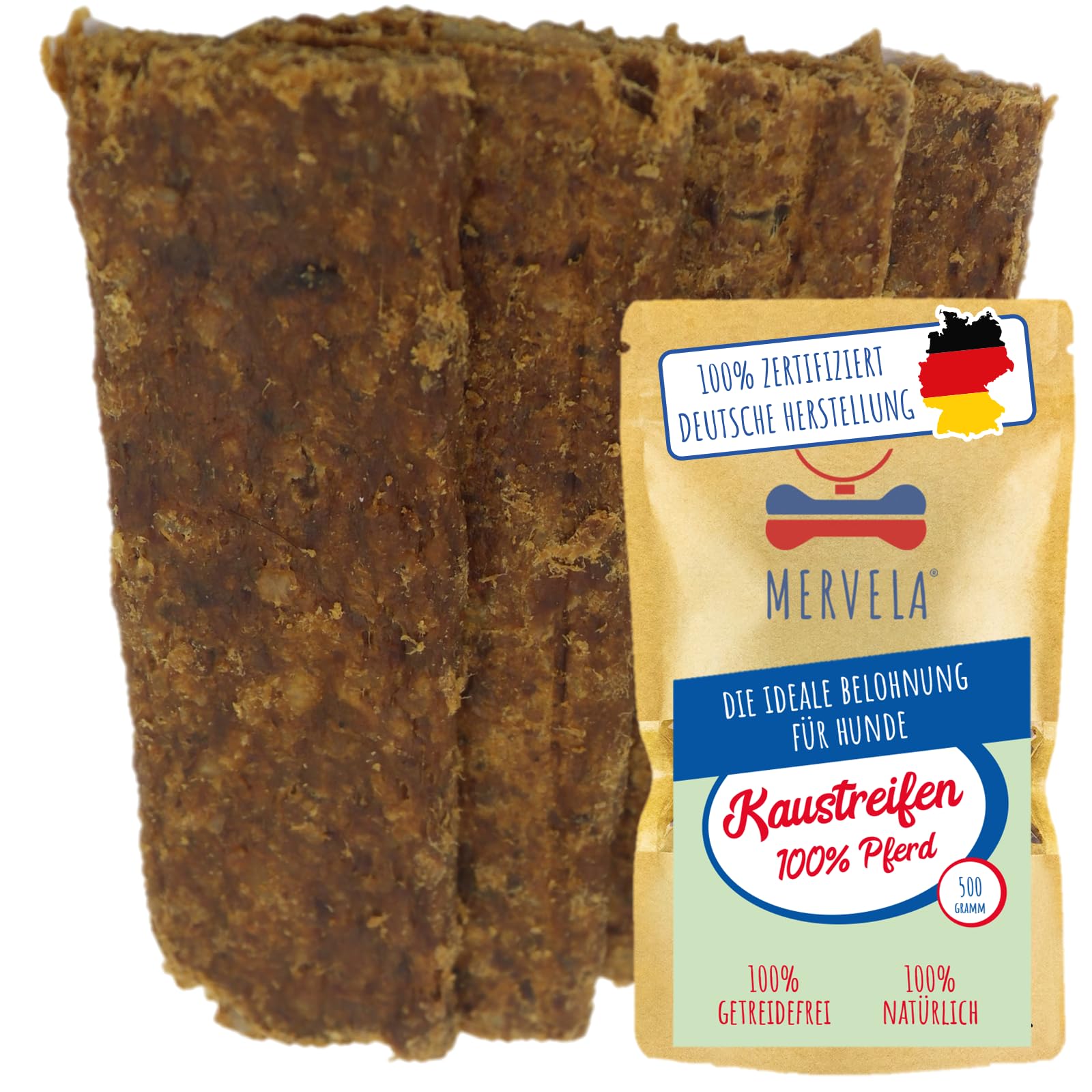 MERVELA® Tiras de carne de caballo | 500 gramos [calidad de Alemania] para perros alérgicos | recompensa | aperitivo de entrenamiento | sin cereales | aperitivo para perros