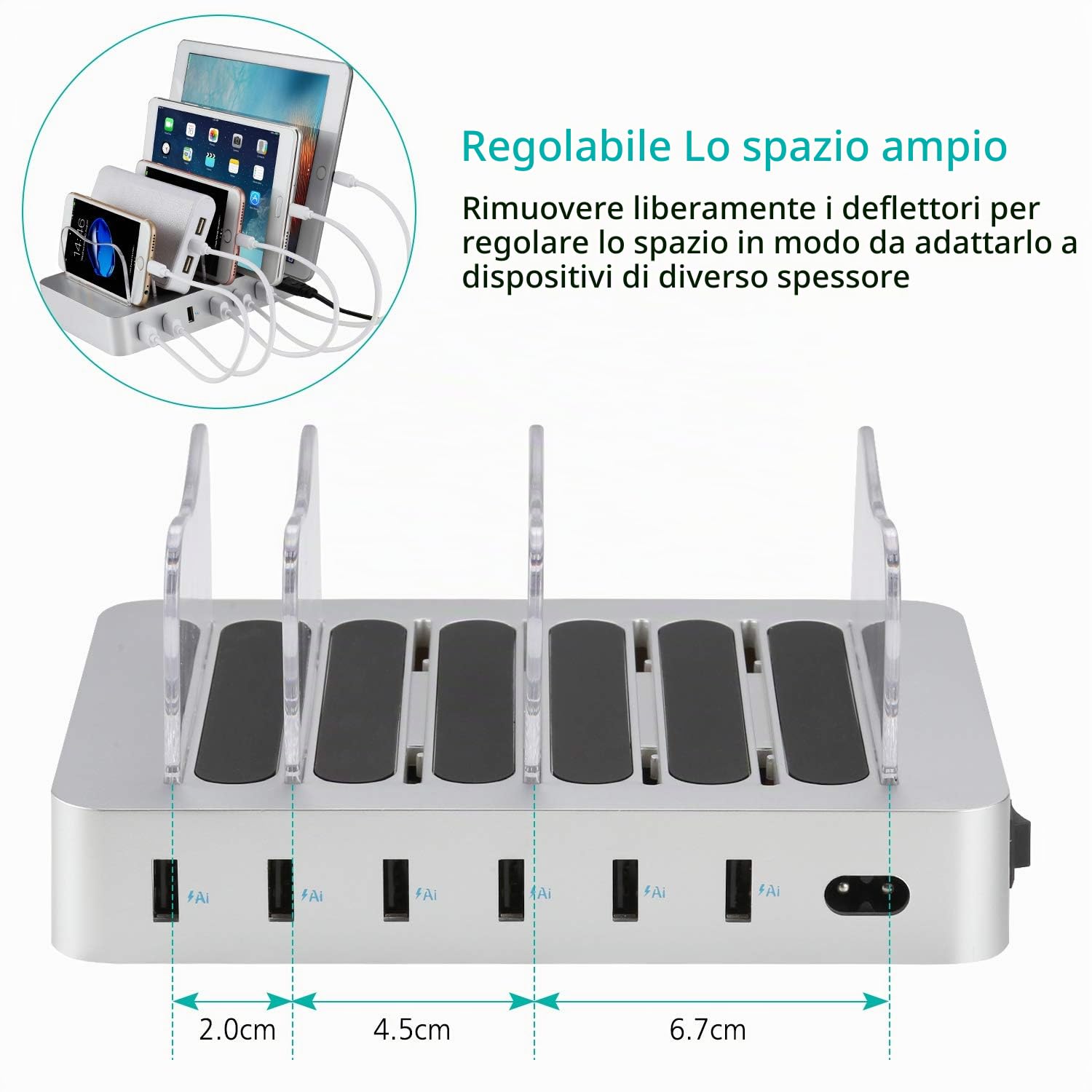 Stazione di Ricarica USB con 6 Corti USB Cavi USB Caricabatterie da Tavolo Multi Dispositivo 6 porte Docking Station & Organizzatore per Cellulare Tablet Auricolari MP3 MP4 (Argento)