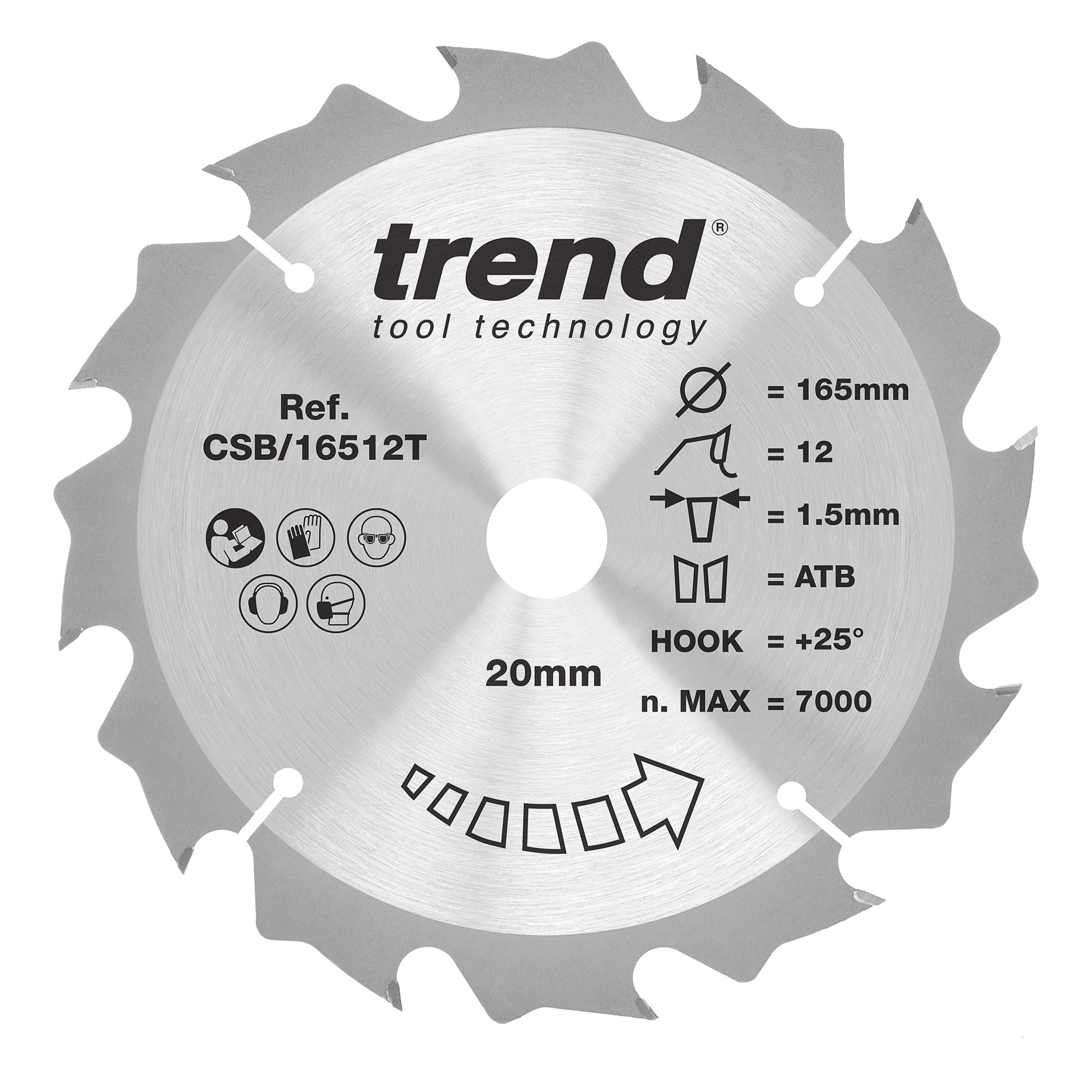 Trend Lame de scie circulaire sans fil Wood, diamètre 165 mm, alésage 20 mm, 12 dents, trait de scie 1,5 mm, crochet +25°, TCT, finition grossière, CSB/16512T