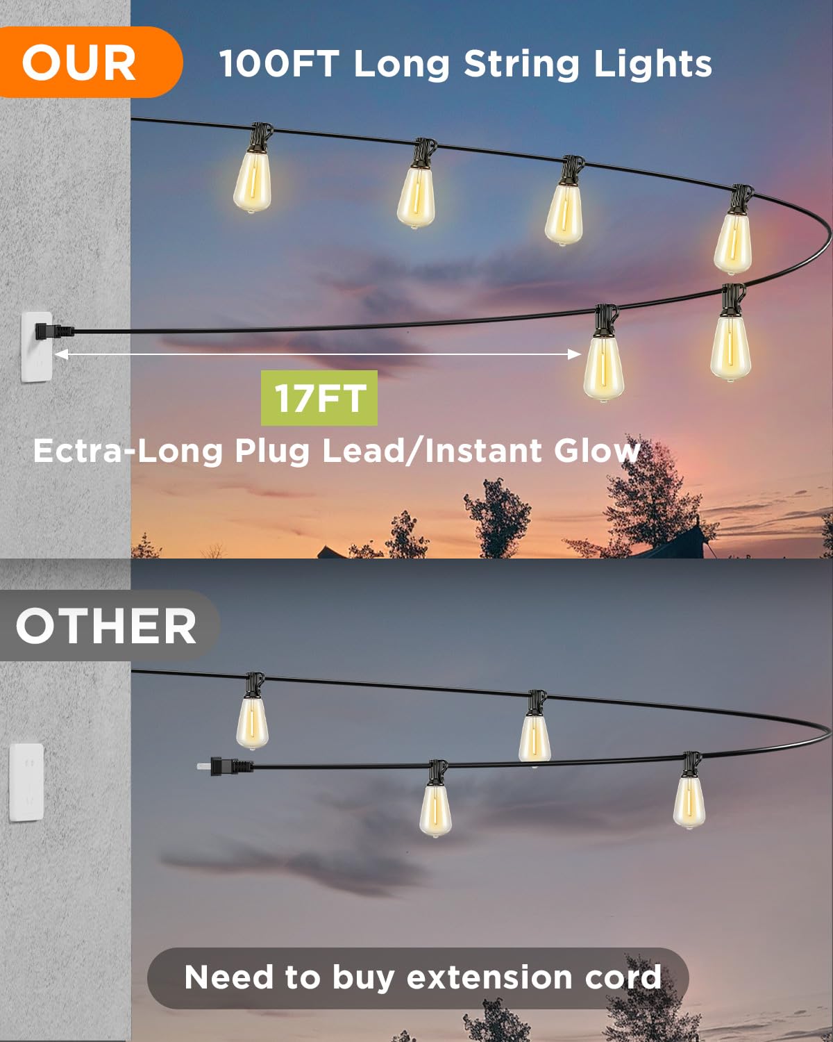 VOLIVO 30 m lange Lichterkette für Terrasse, wasserdichte Hängeleuchten mit 35 + 1 bruchsicheren ST38-Edison-Glühbirnen, dimmbar und anschließbar, Außenlichterkette für Hinterhof, Deck, Veranda