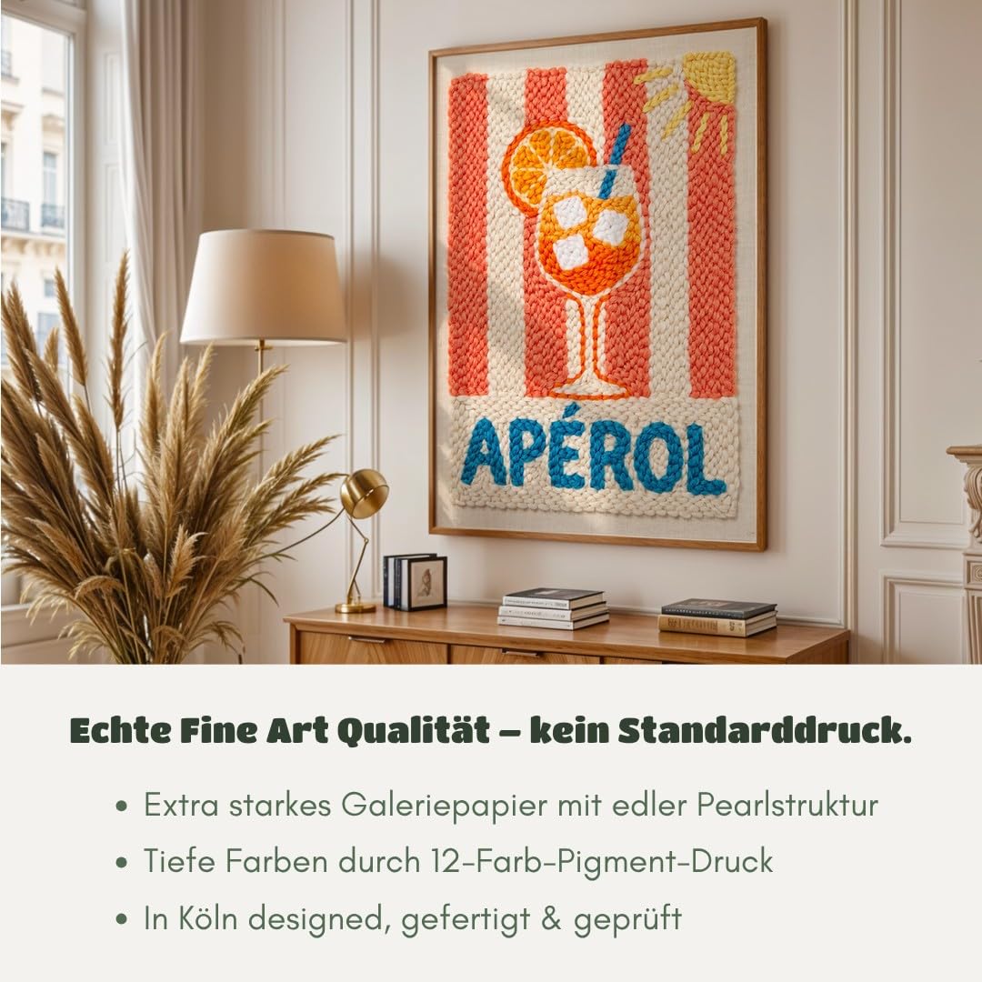 MJ-GRAPHICS® Poster Aperol Kunstdruck Stickerei Wandbild Rot Orange Deko Sommer Küche Wohnzimmer 50x70 mit braunem Rahmen